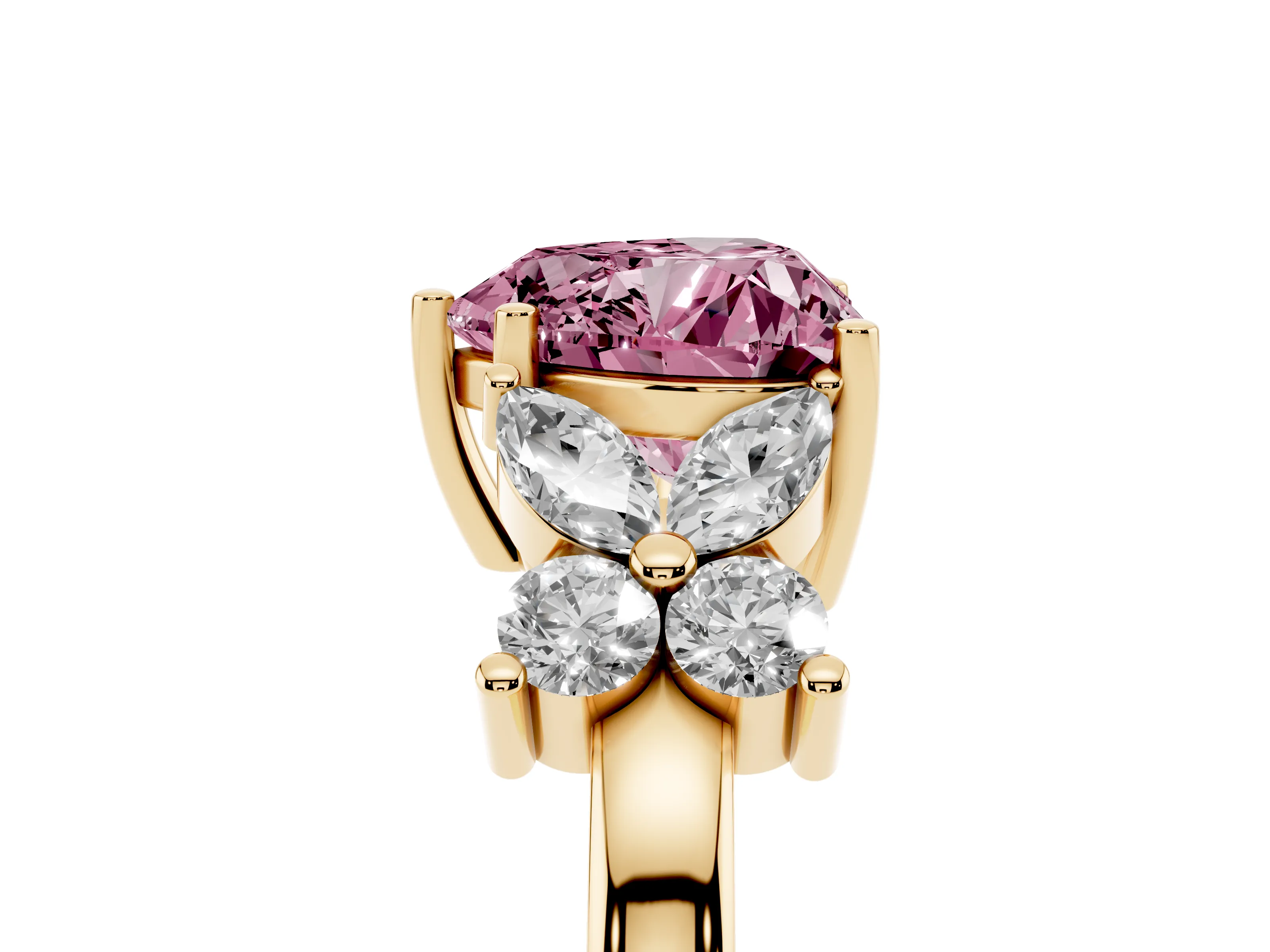 Fancy Pink Heart Cut Diamond Floral Cluster Ring Set in Yellow gold with Marquise Petals and Prong Setting
