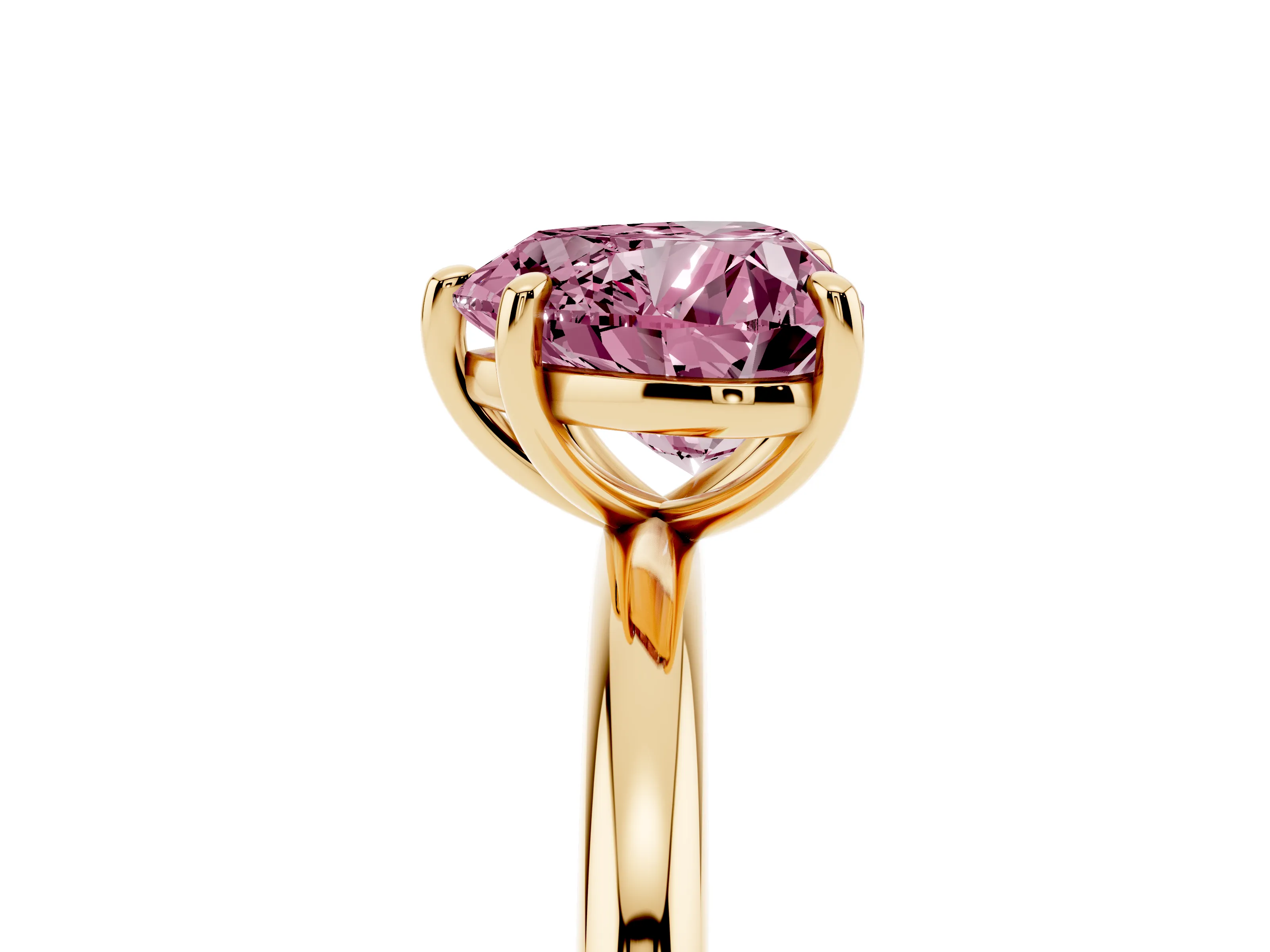 Fancy Pink Heart Cut Diamond Solitaire Ring Set in Yellow gold with Prong Setting on a Polished Plain Band