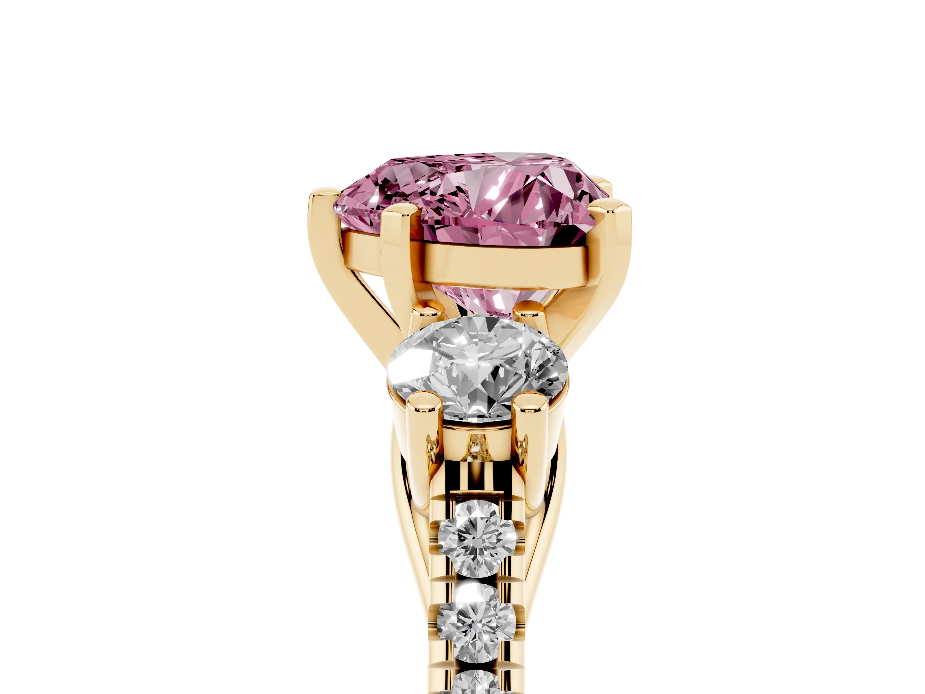 Fancy Pink Three-Stone Heart Cut Diamond Pavé Band Ring Set in Yellow gold with Prong-Set Trio