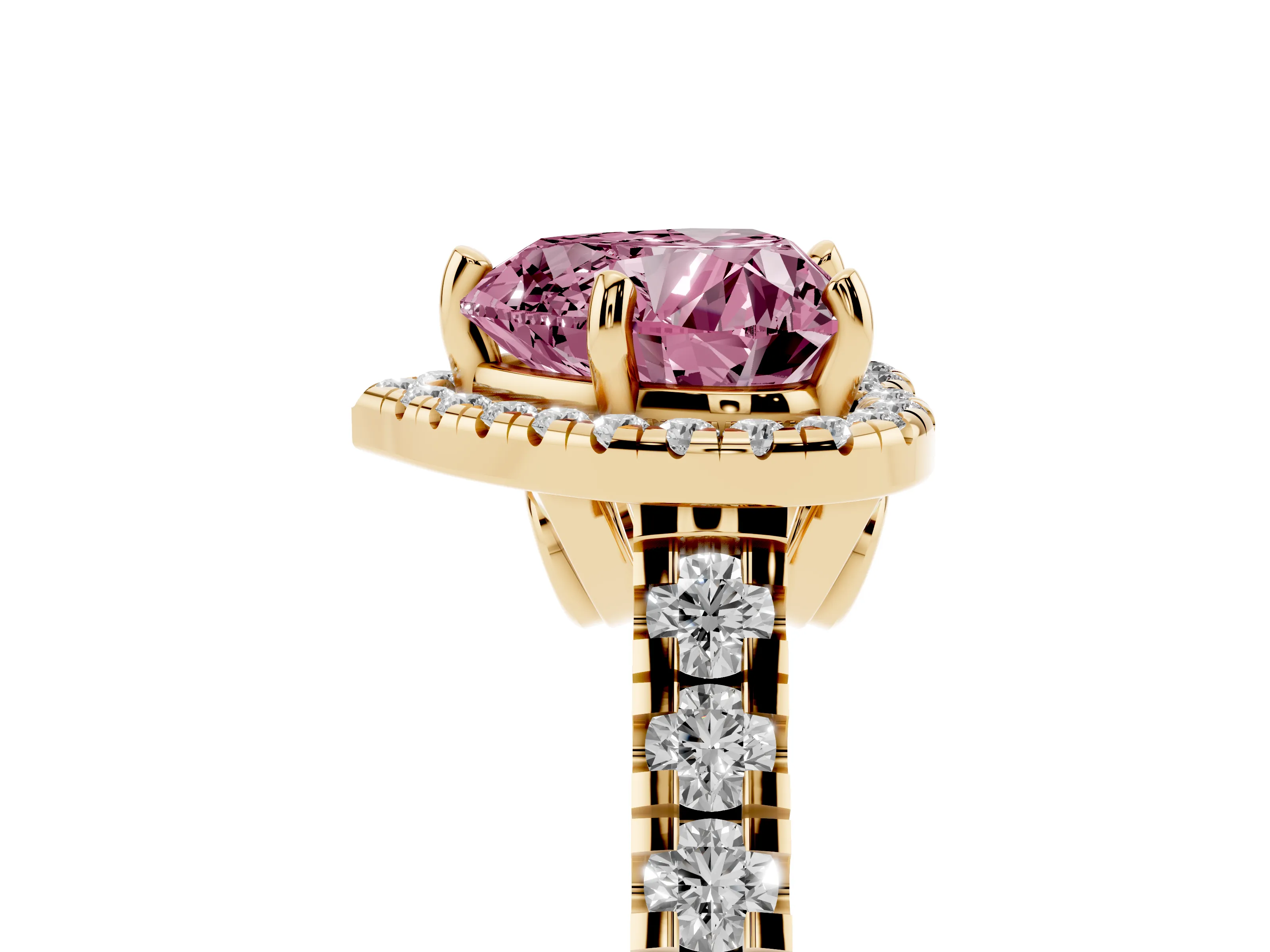 Fancy Pink Heart Cut Diamond Halo Engagement Ring Set in Yellow gold with Pavé Band and Prong-Set Center