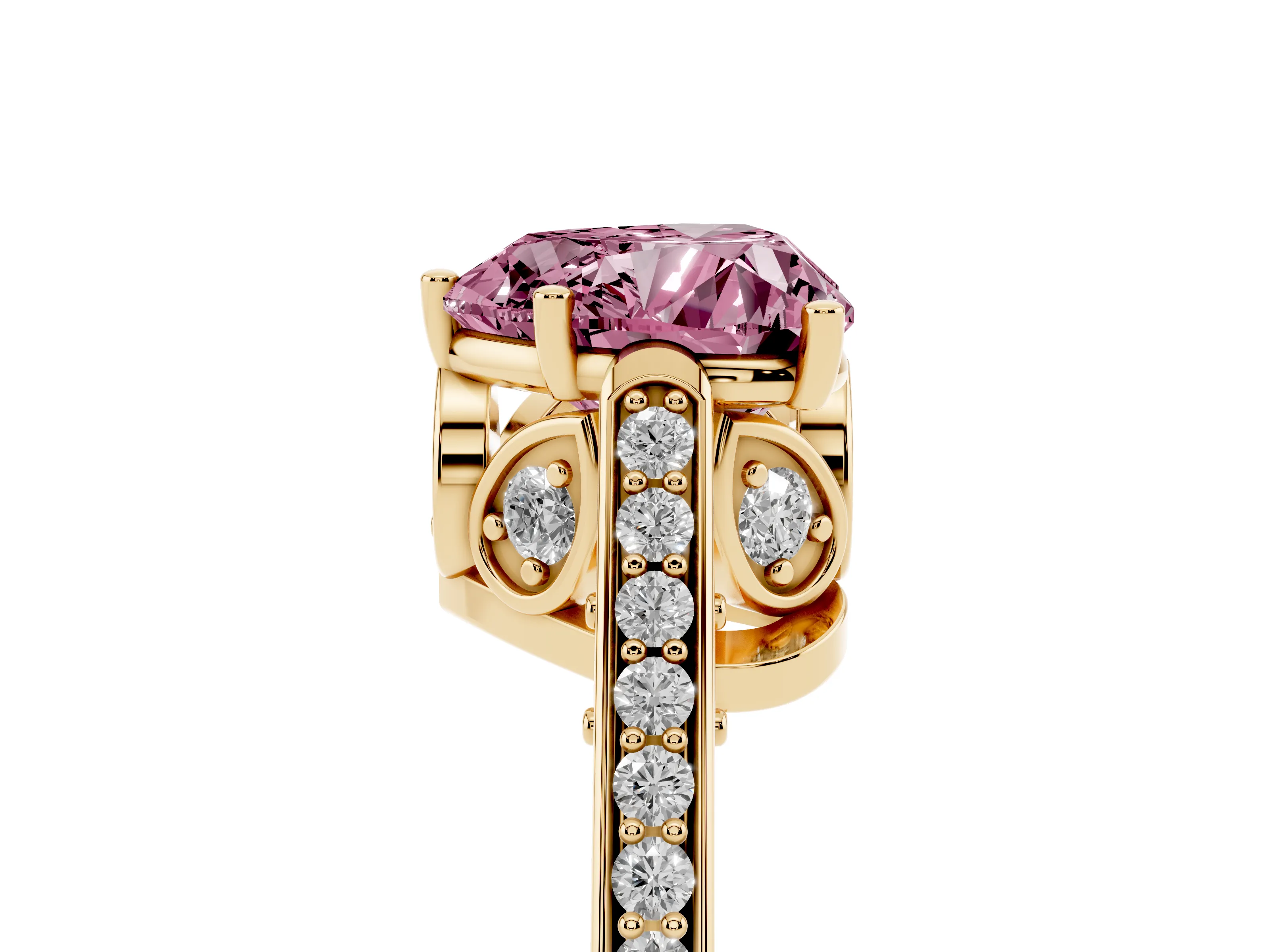 Fancy Pink Heart Cut Diamond Cathedral Pavé Engagement Ring Set in Yellow gold with Prong Setting