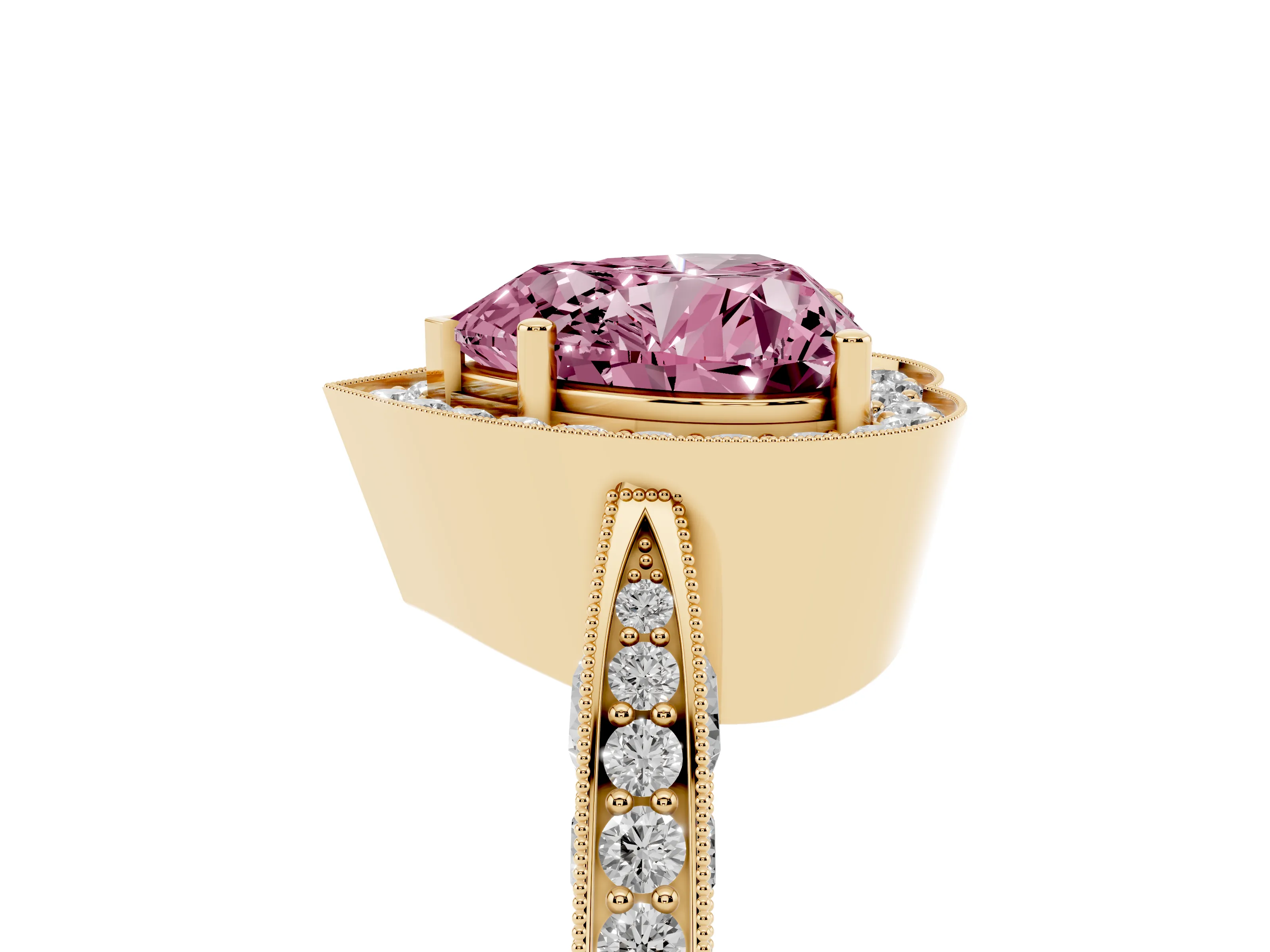Fancy Pink Heart Cut Diamond Halo Engagement Ring Set in Yellow gold with Accent Split Shank Band