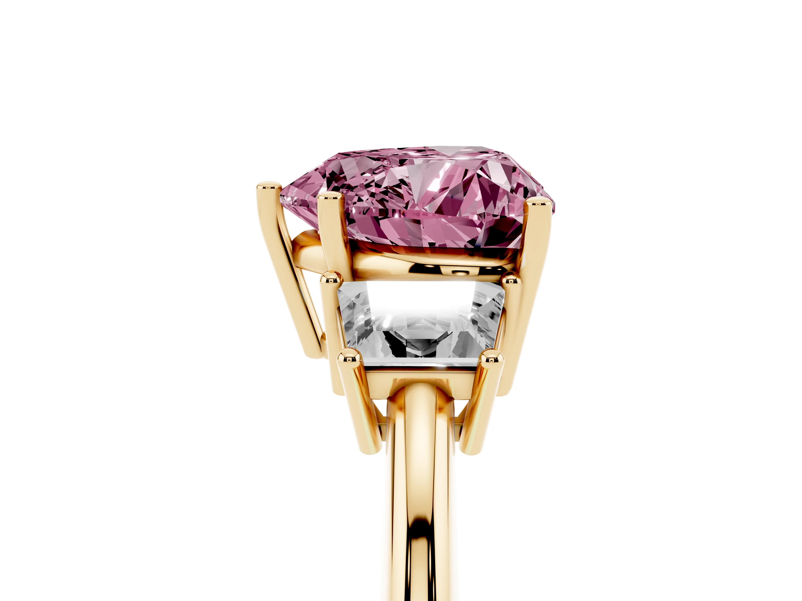 Fancy Pink Heart Cut Diamond Three-Stone Ring Set in Yellow gold with Trapezoid Side Stones and Prong Setting