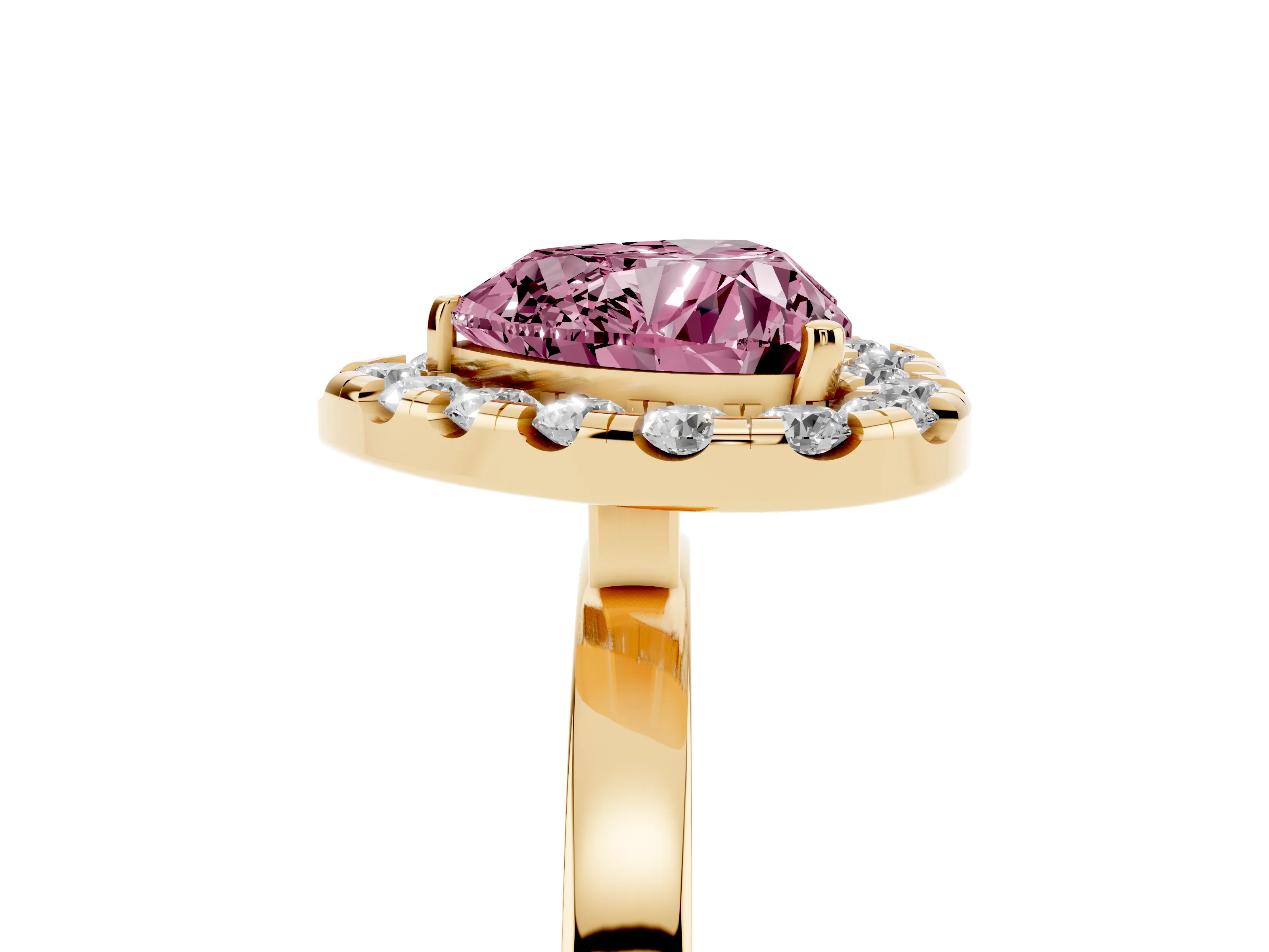 Fancy Pink Heart Cut Diamond Halo Solitaire Ring Set in Yellow gold with Pavé Band and Prong Setting