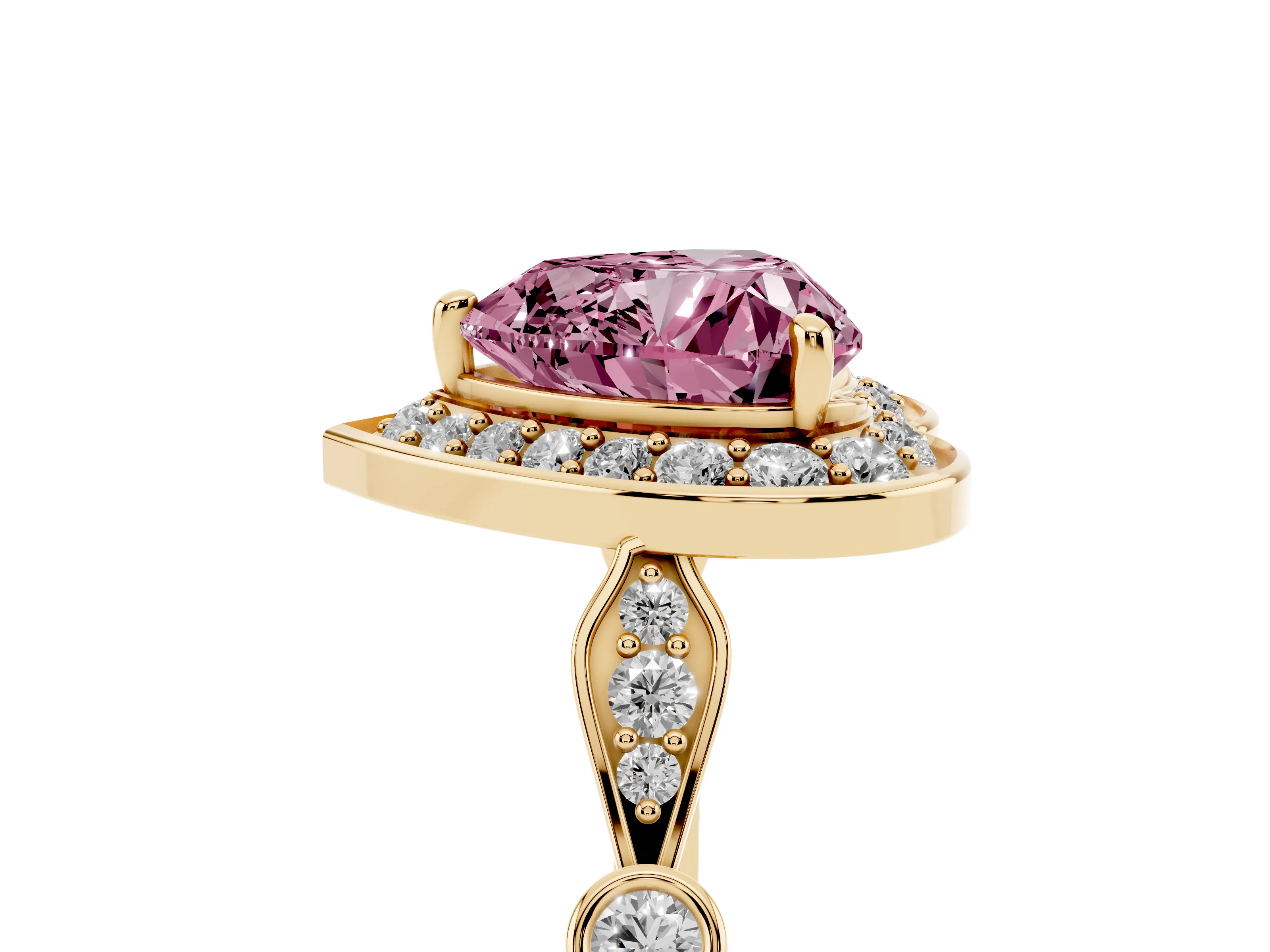 Fancy Pink Heart Cut Diamond Halo Engagement Ring Set in Yellow gold with Twisted Band and Prong Setting