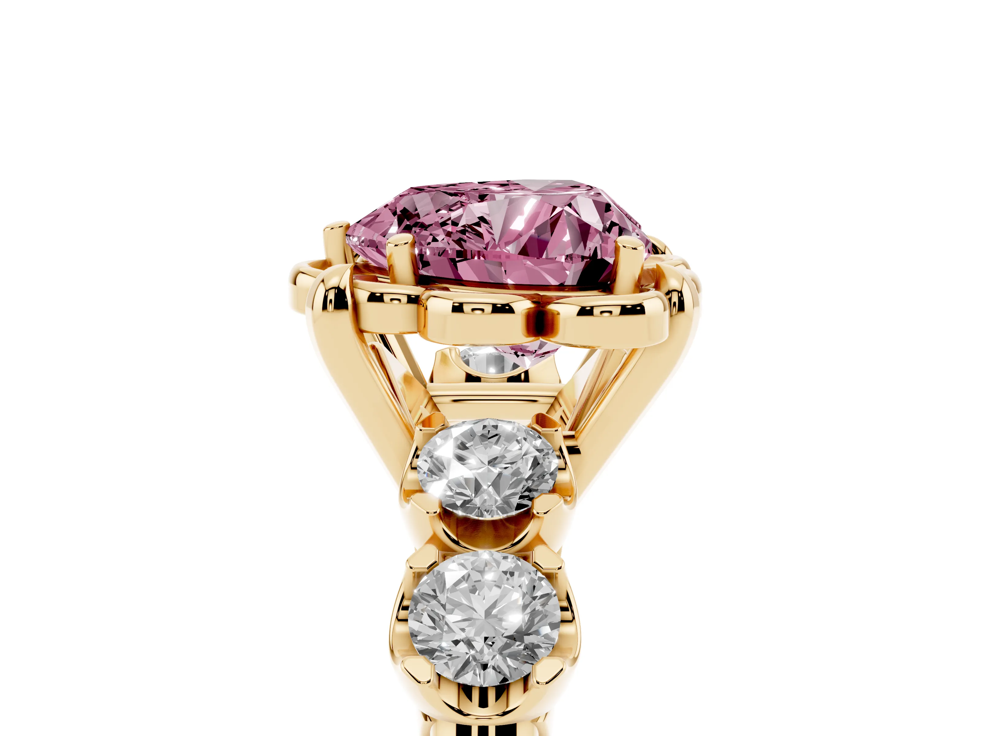 Fancy Pink Heart Cut Diamond Floral Halo Ring Set in Yellow gold with Shared Prong Band