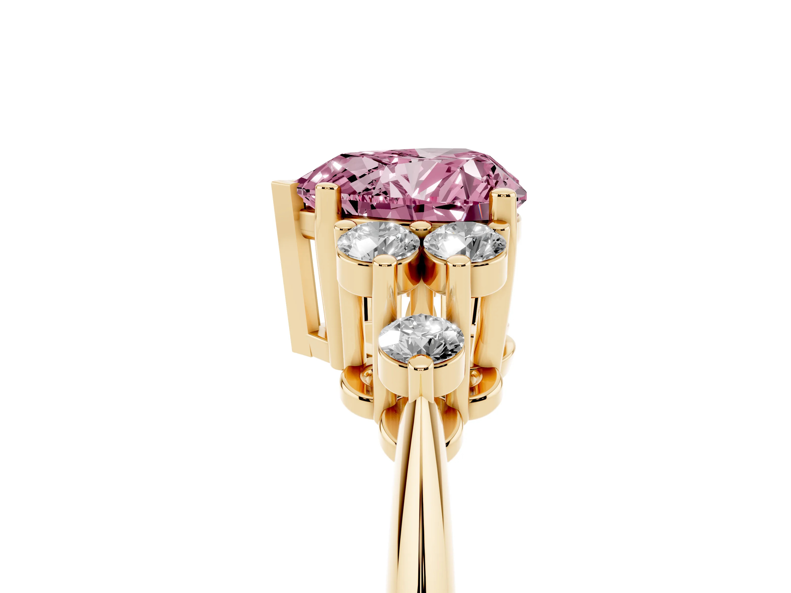 Fancy Pink Heart Cut Diamond Cluster Ring Set in Yellow gold with Plain Band and Prong Setting