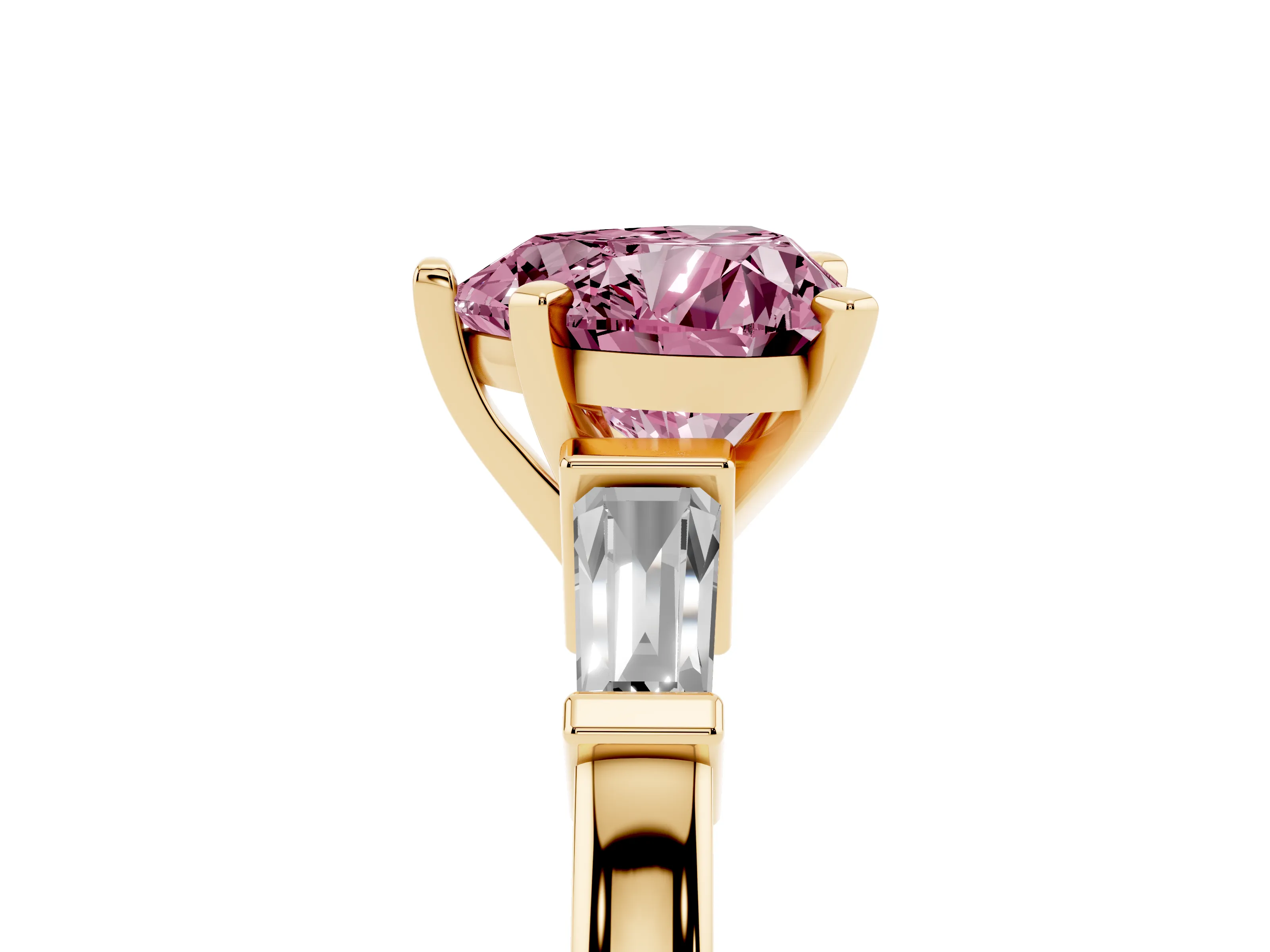 Fancy Pink Heart Cut Diamond Solitaire Ring Set in Yellow gold with Tapered Baguette Accents and Prong Setting