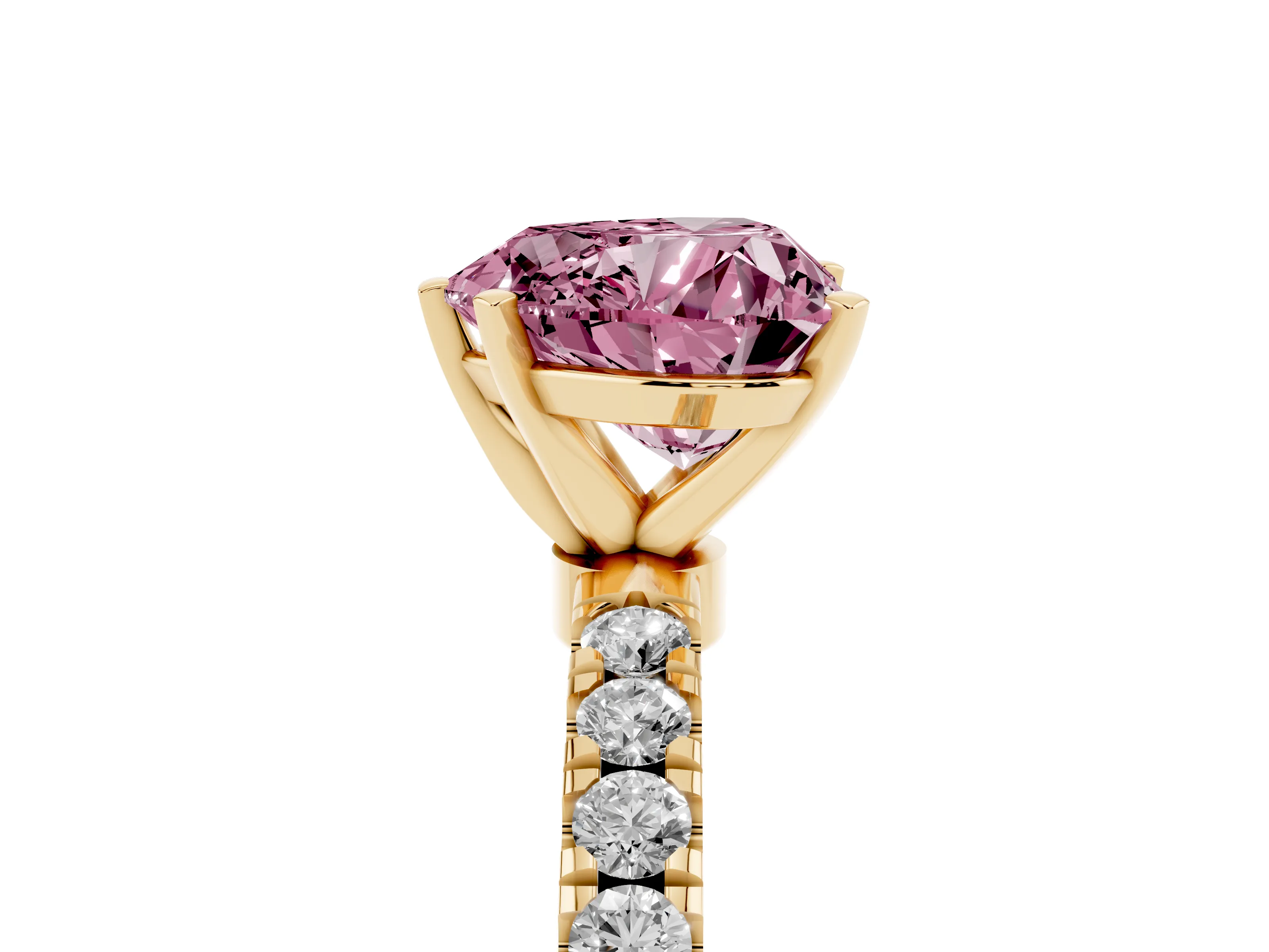 Fancy Pink Heart Cut Diamond Solitaire Ring Set in Yellow gold with Pavé Accents and Prong Setting