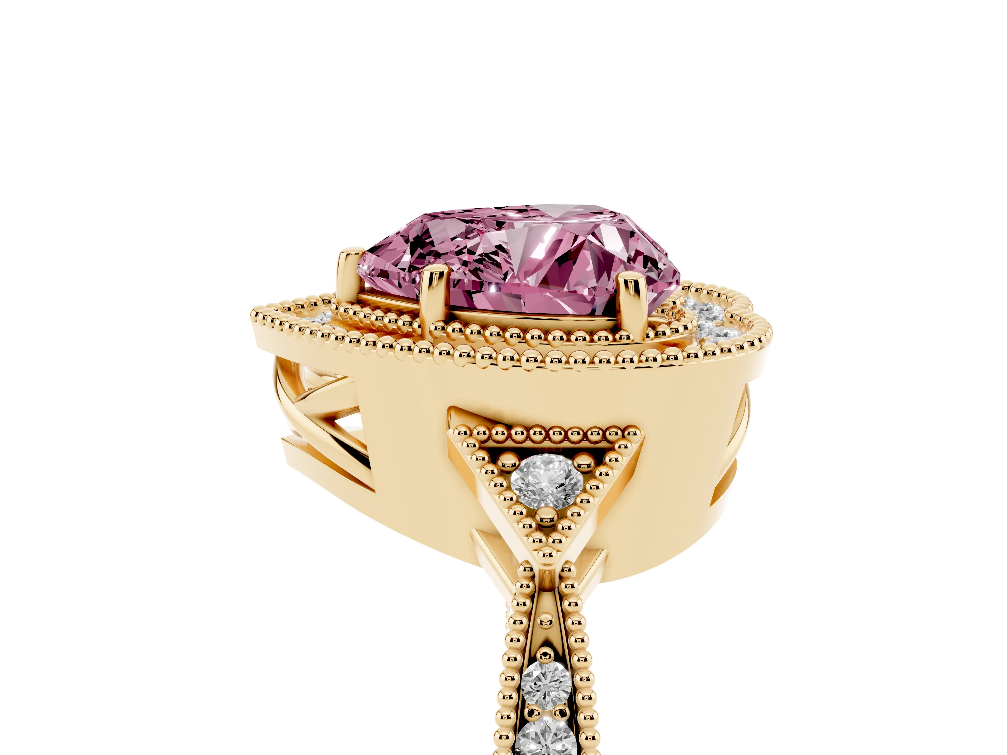 Fancy Pink Heart Cut Diamond Halo Engagement Ring Set in Yellow gold with Milgrain Pavé Band