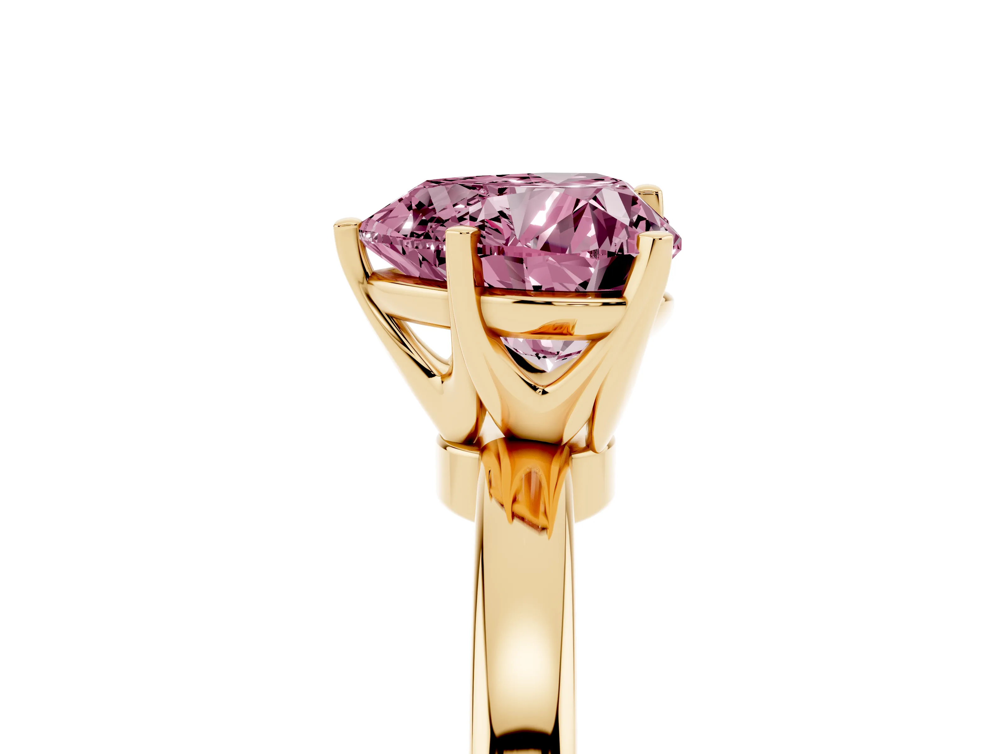 Fancy Pink Heart Cut Diamond Solitaire Ring Set in Yellow gold with Raised Prong Setting on a Classic Band