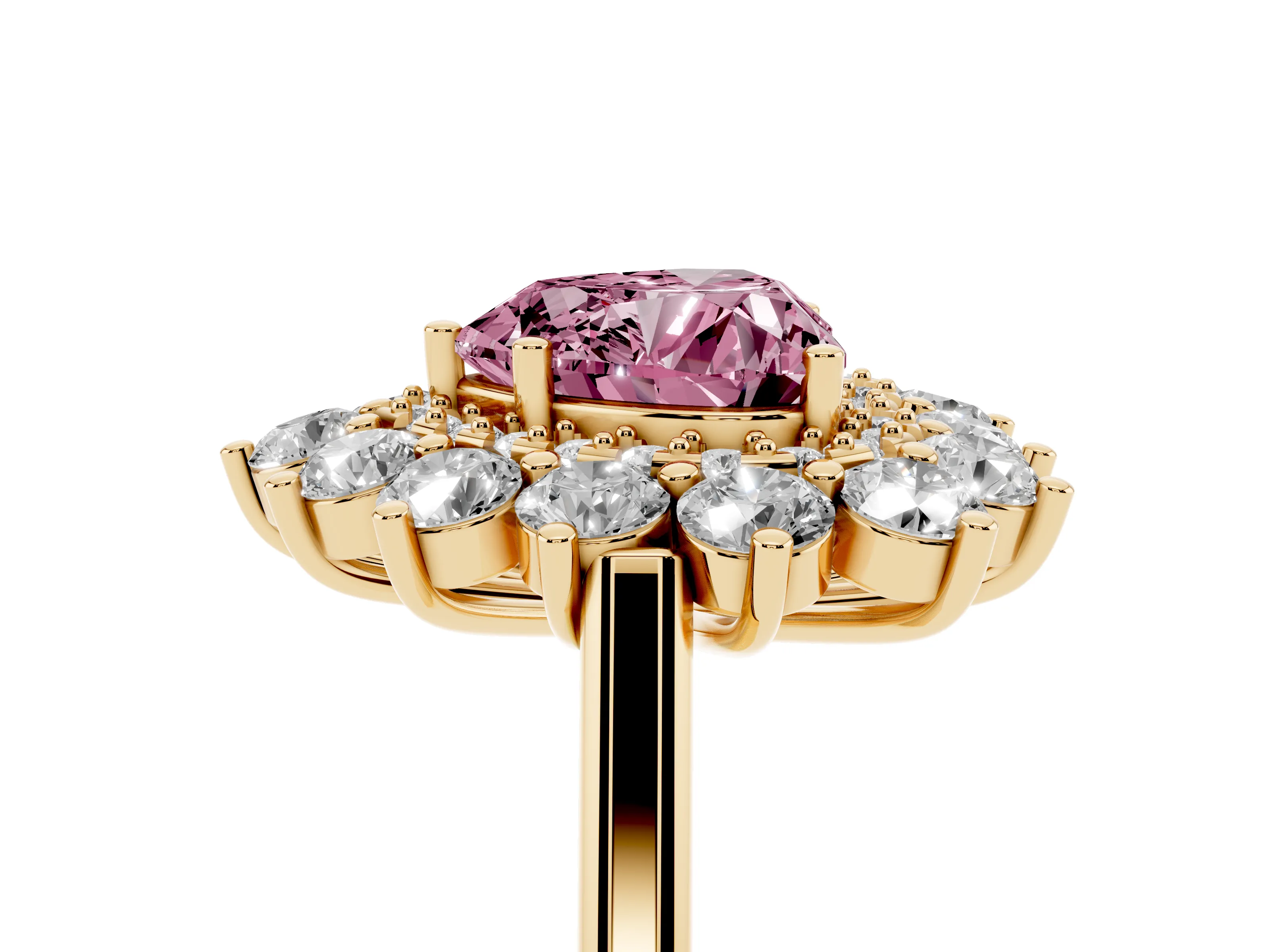 Fancy Pink Heart Cut Diamond Floral Double Halo Ring Set in Yellow gold with Round Petals