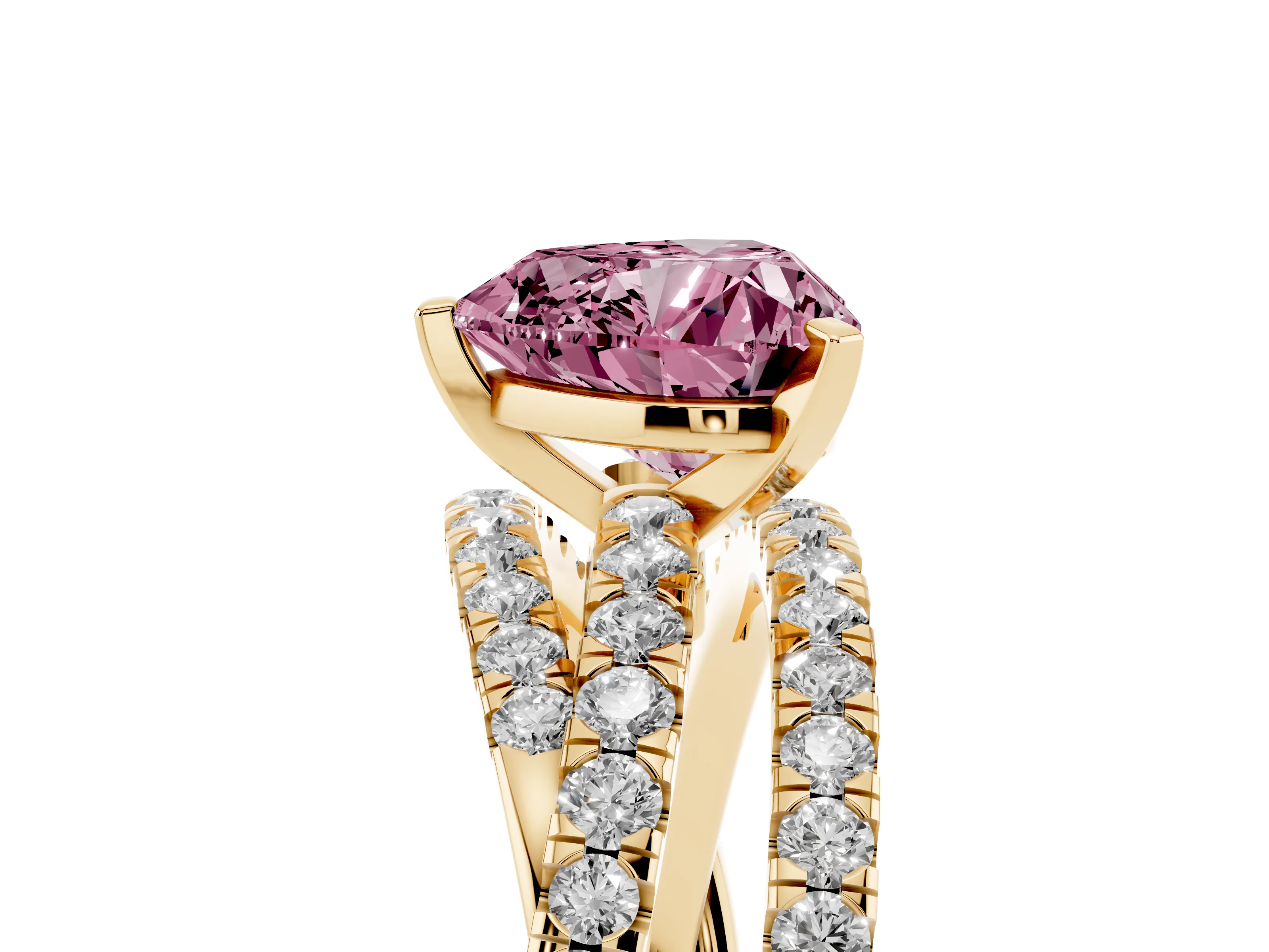 Fancy Pink Heart Cut Diamond Solitaire Twist Band Ring Set in Yellow gold with Pavé Setting and Prong Head