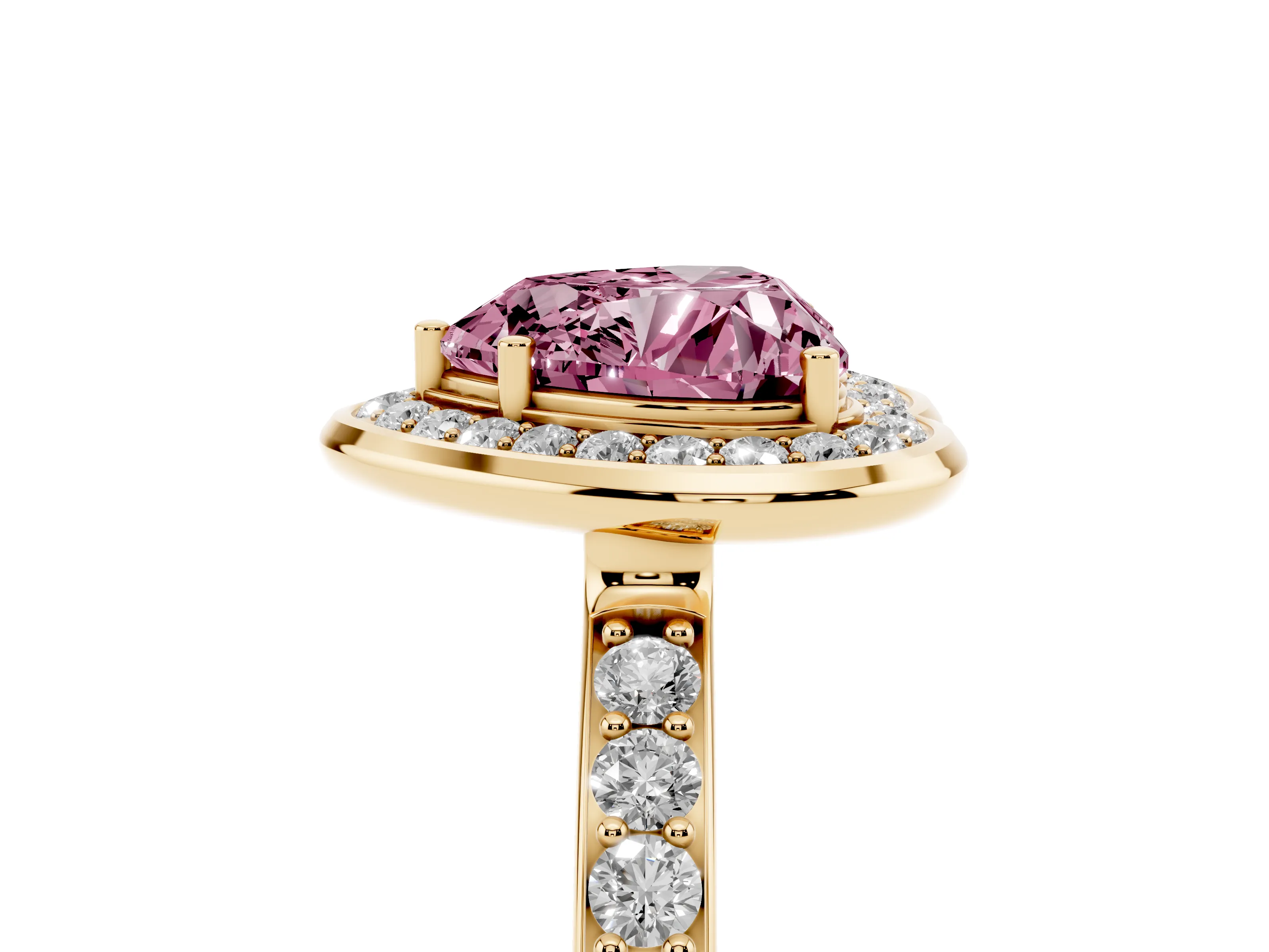 Fancy Pink Heart Cut Diamond Halo Ring Set in Yellow gold with Bezel Frame and Pavé Band