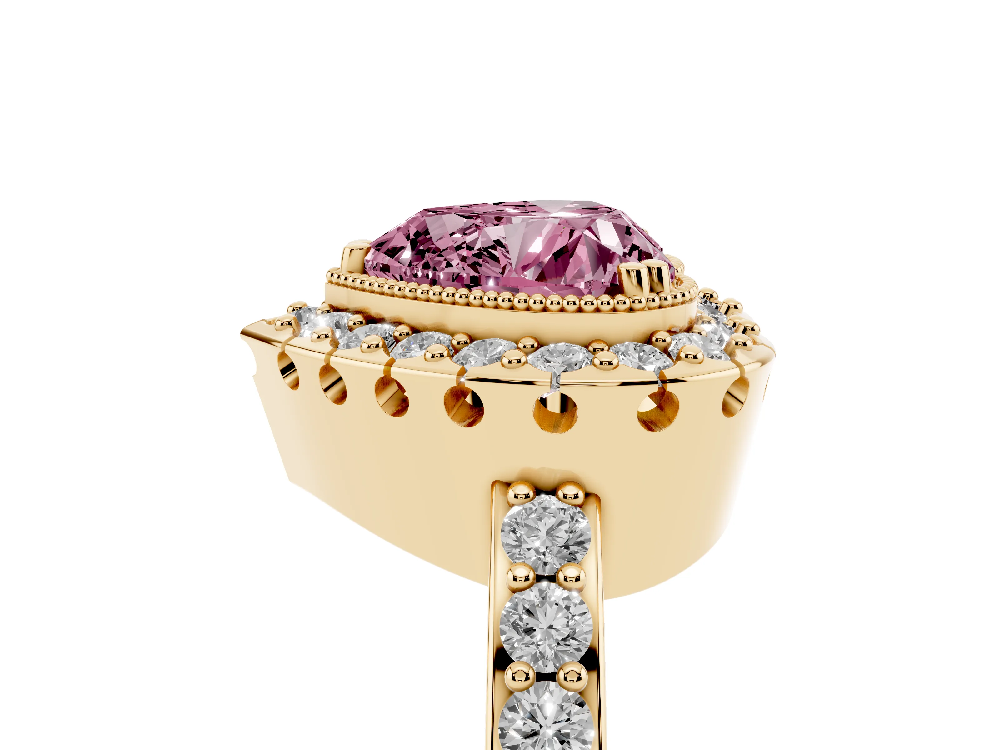 Fancy Pink Heart Cut Diamond Halo Ring Set in Yellow gold with Pavé Shank and Prong Setting
