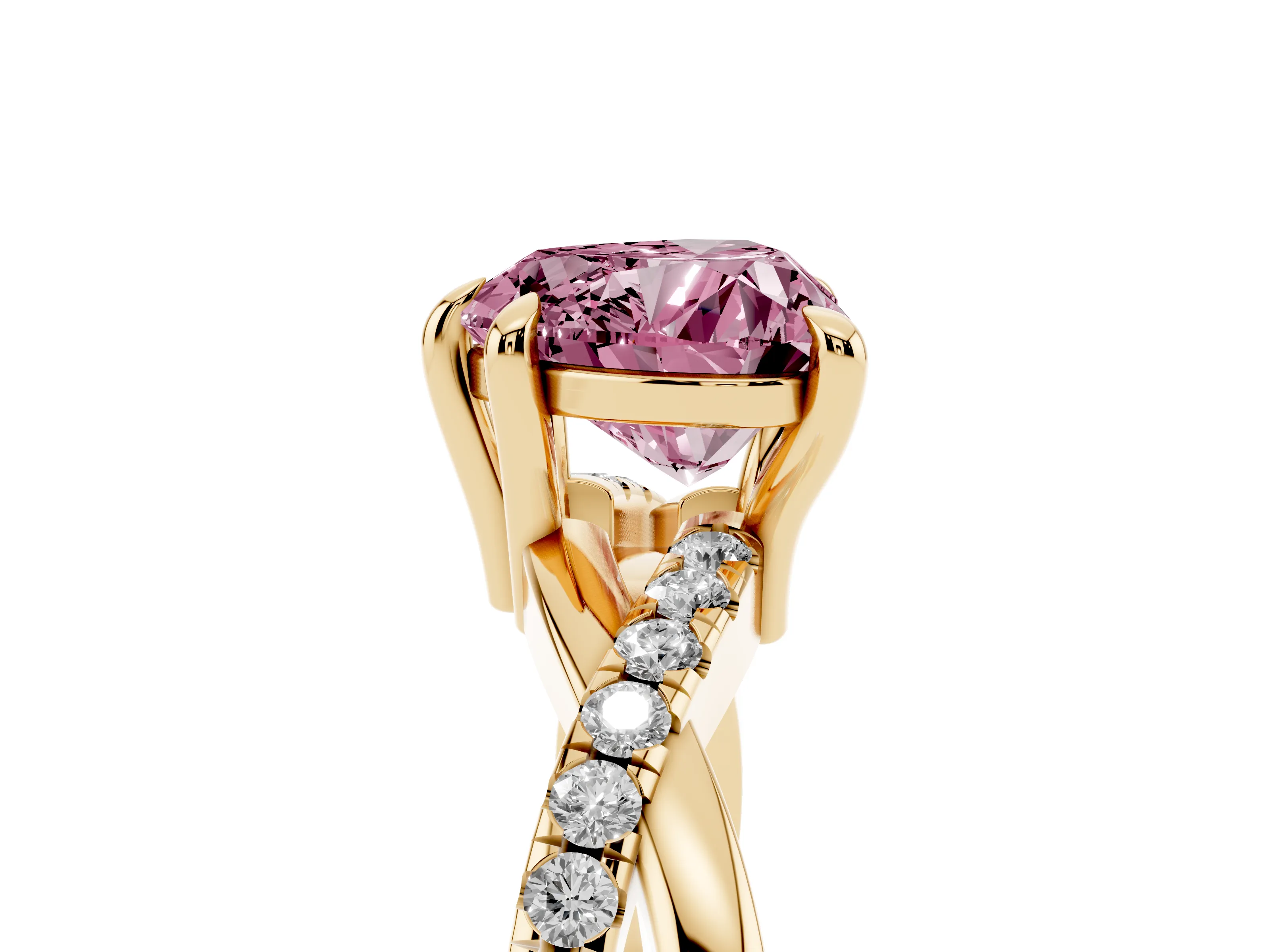 Fancy Pink Heart Cut Diamond Twist Band Solitaire Set in Yellow gold with Pavé Accents and Prong Setting