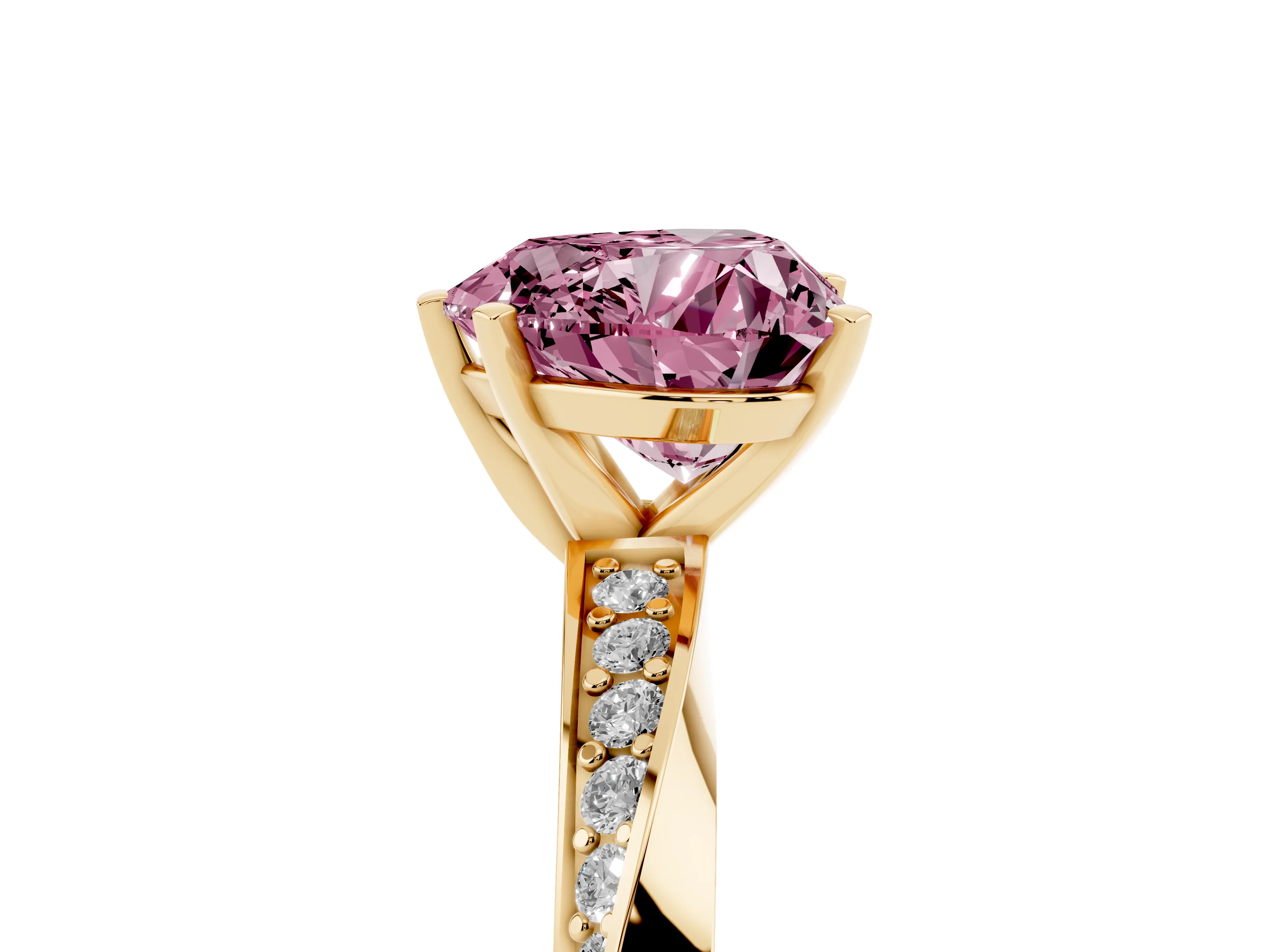 Fancy Pink Heart Cut Diamond Engagement Ring Set in Yellow gold with Side Stone Accents and Prong Setting