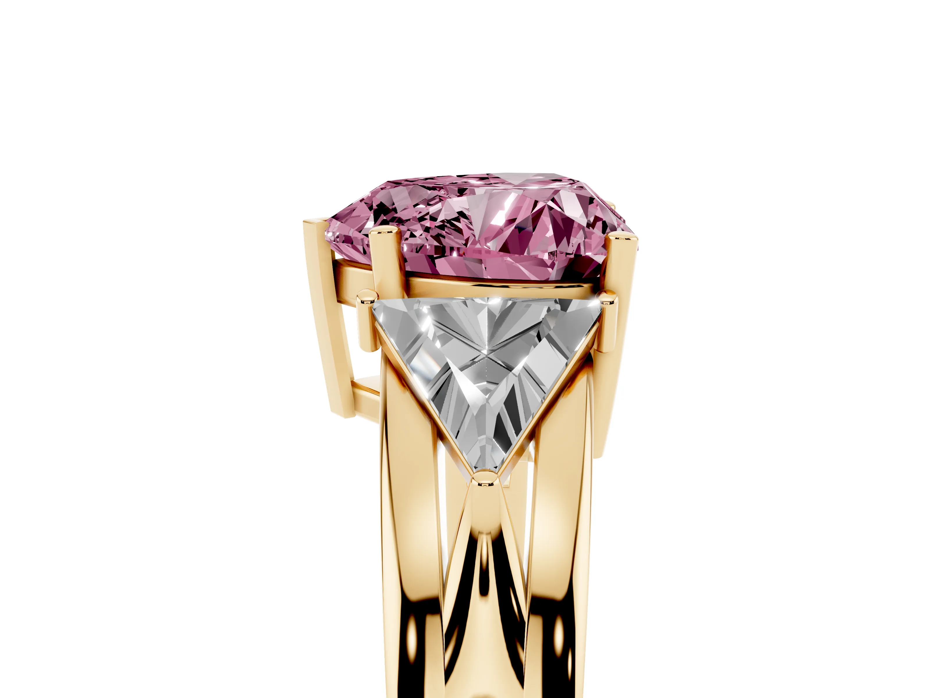 Fancy Pink Heart Cut Diamond Three-Stone Ring Set in Yellow gold with Trillion Side Stones and Split Shank