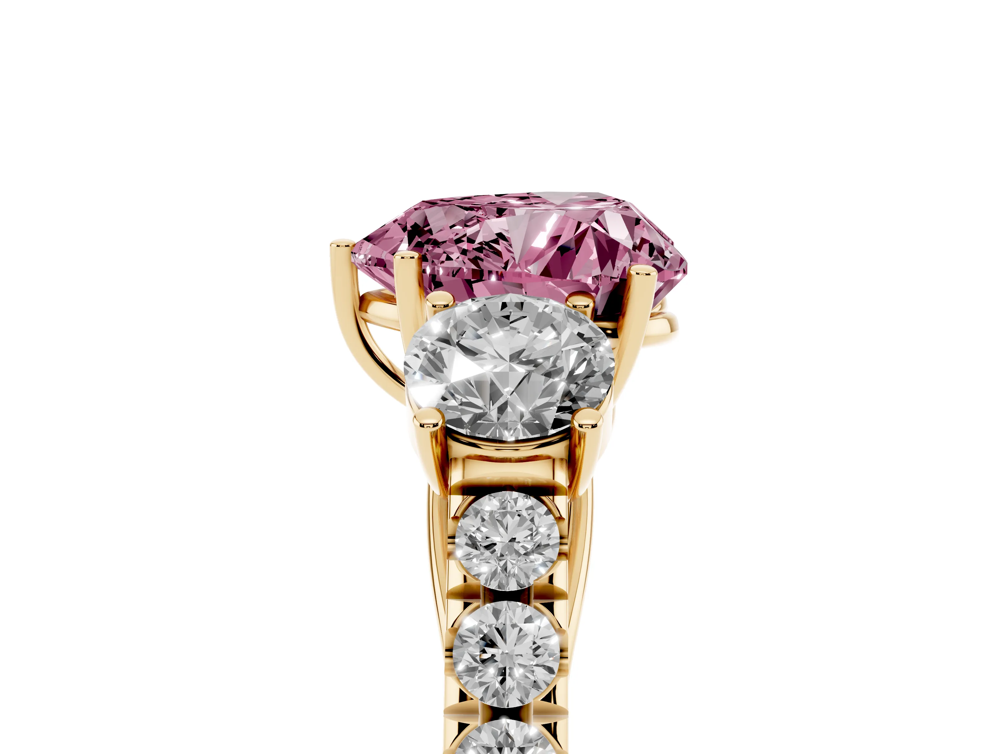 Fancy Pink Heart Cut Diamond Three-Stone Ring Set in Yellow gold with Round Side Stones and Delicate Pavé Band