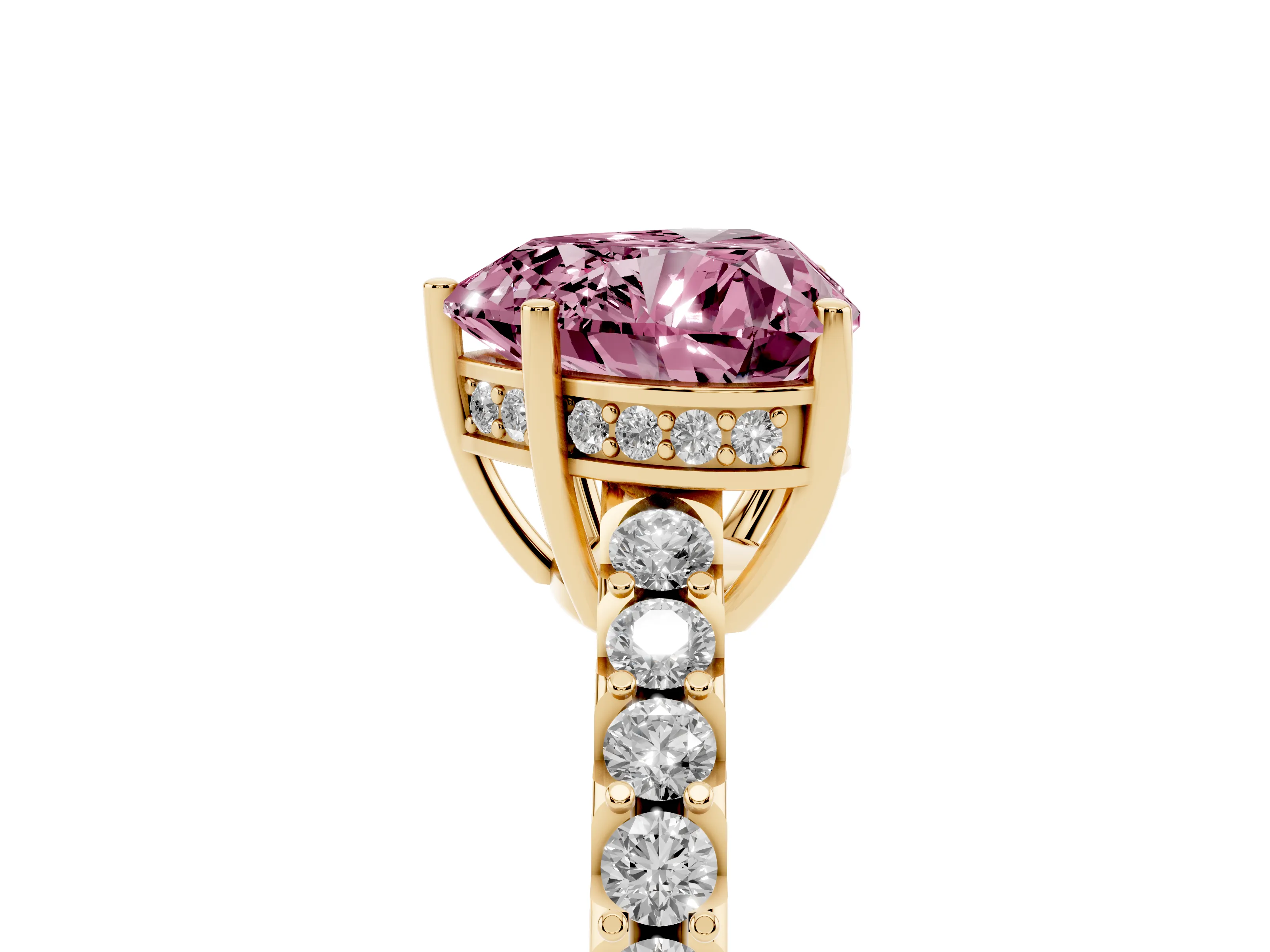 Fancy Pink Heart Cut Diamond Solitaire Engagement Ring Set in Yellow gold with Pavé Band and Prong Setting
