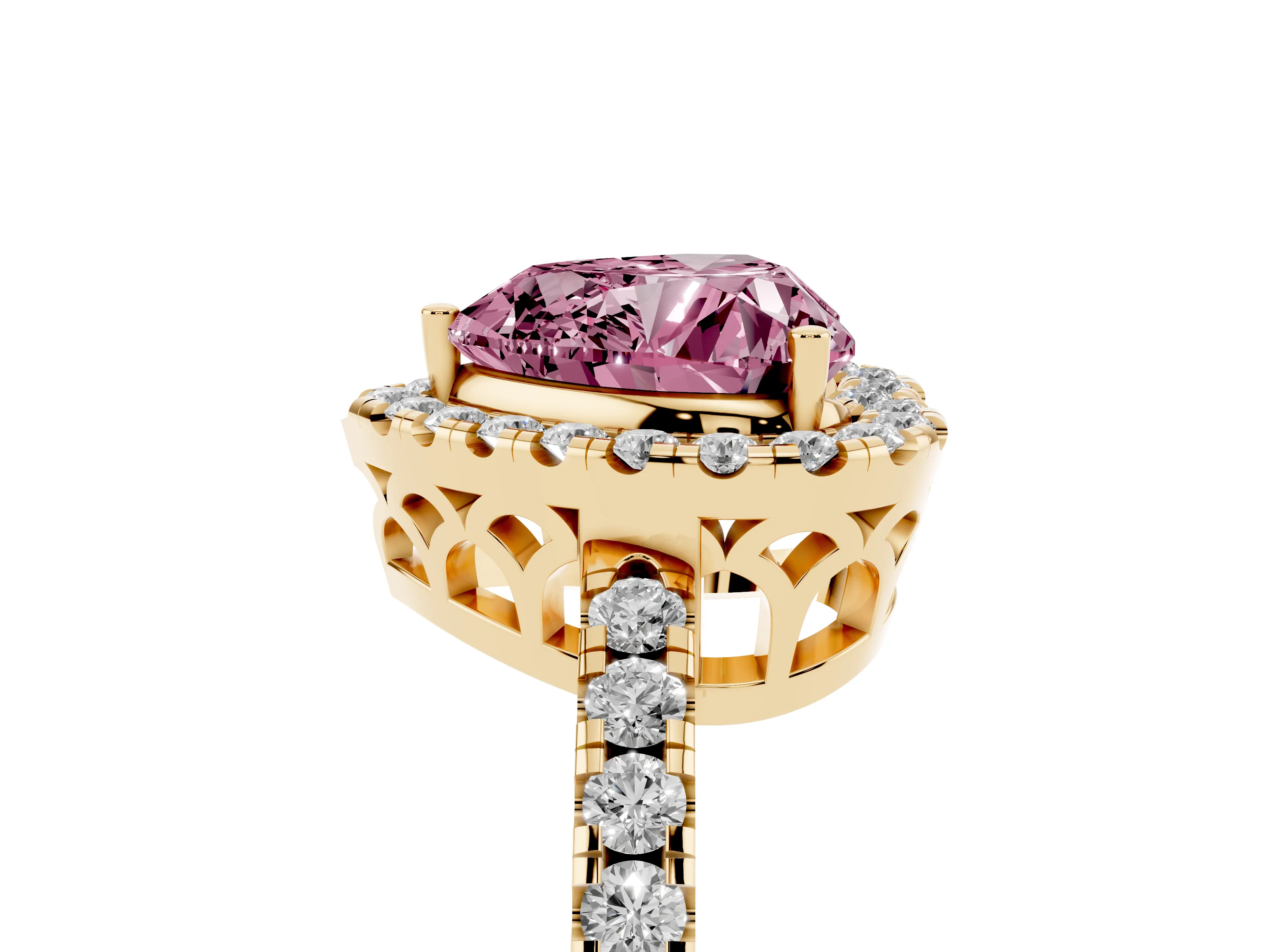 Fancy Pink Heart Cut Diamond Pavé Band Halo Engagement Ring Set in Yellow gold with Prong Setting