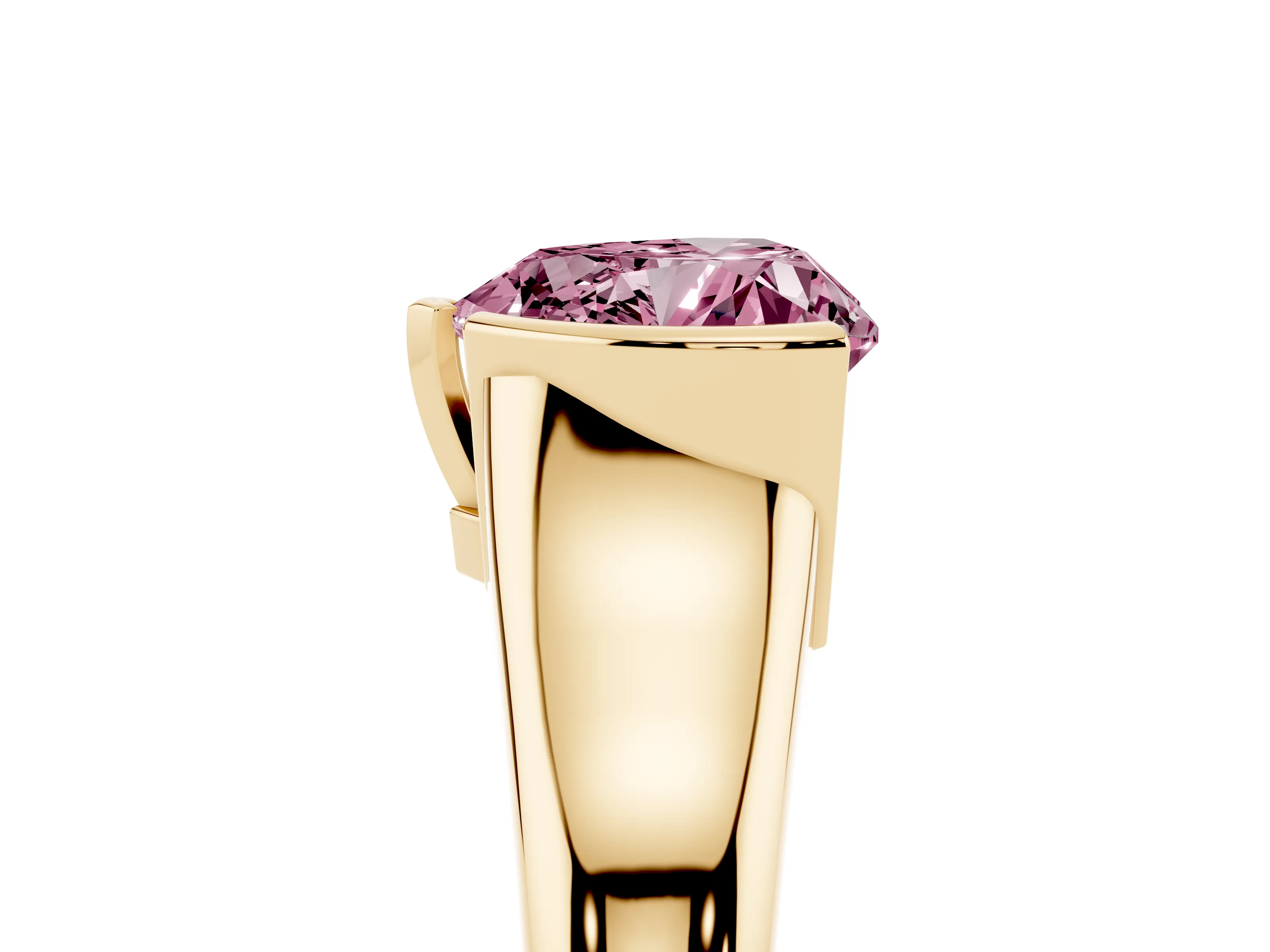 Fancy Pink Heart Cut Diamond Solitaire Tension Set Ring Set in Yellow gold with Split Shank Band