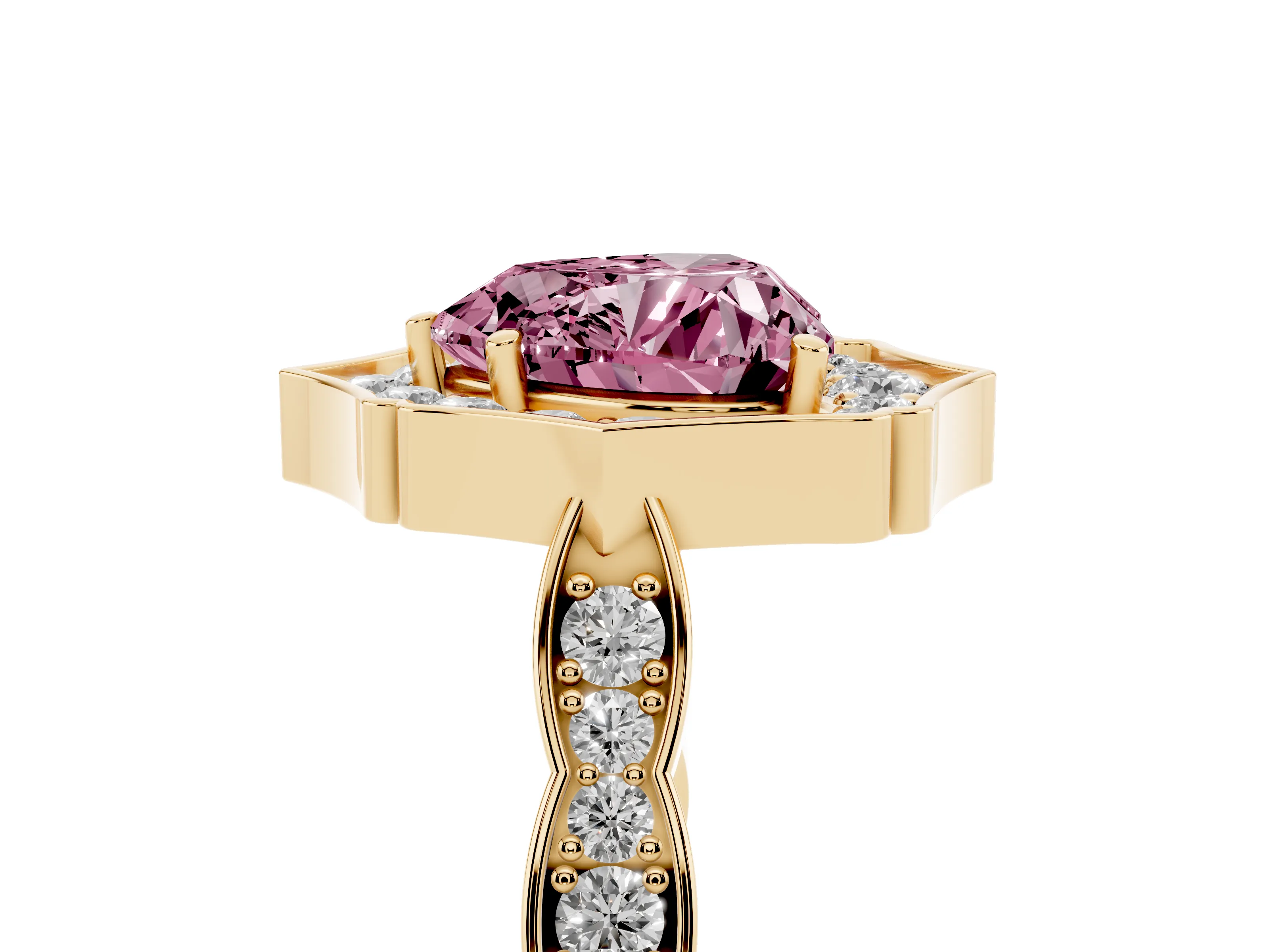 Fancy Pink Heart Cut Diamond Halo Engagement Ring Set in Yellow gold with Milgrain Band and Prong Setting