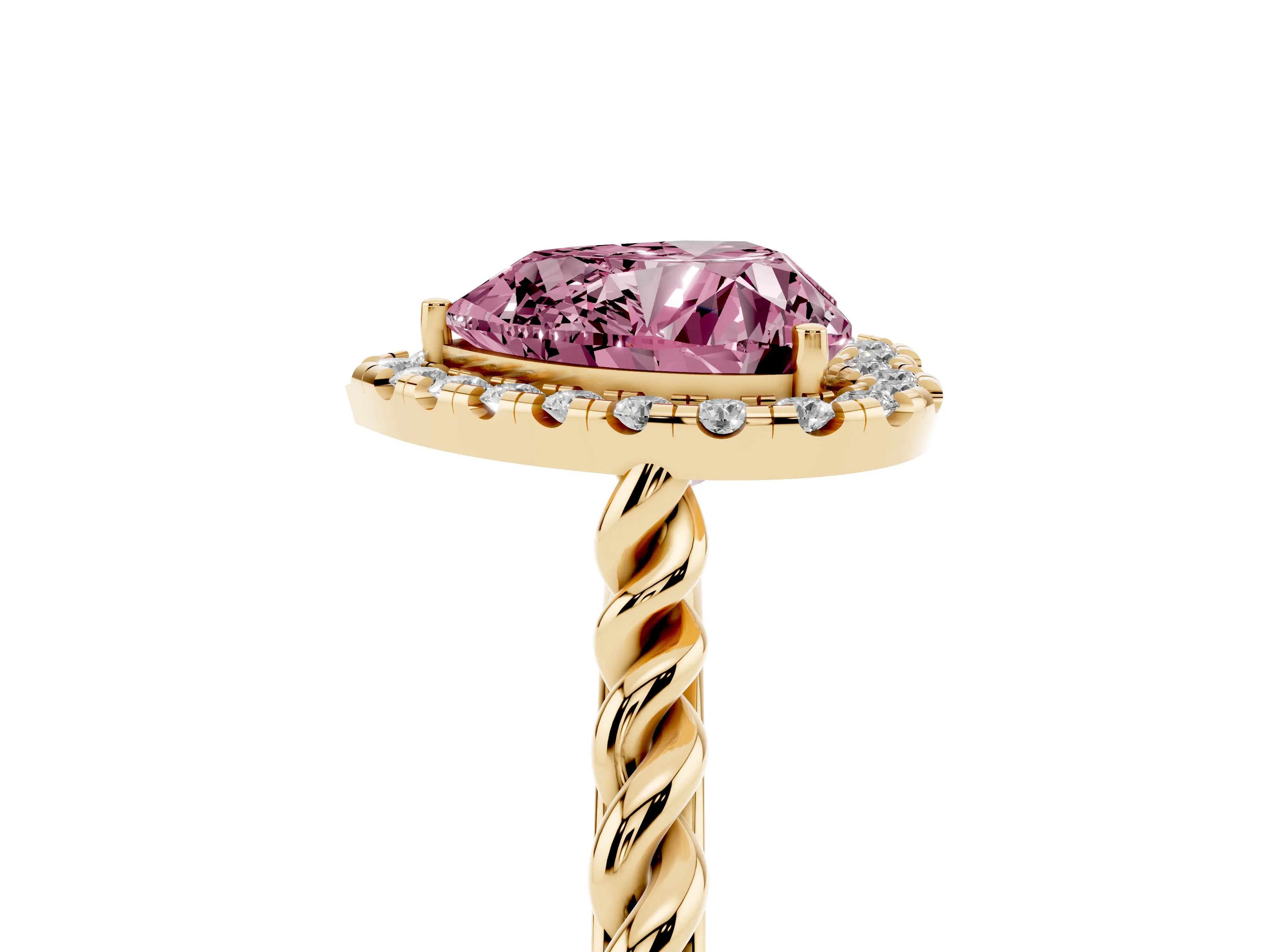 Fancy Pink Heart Cut Diamond Halo Ring Set in Yellow gold with Plain Twisted Band