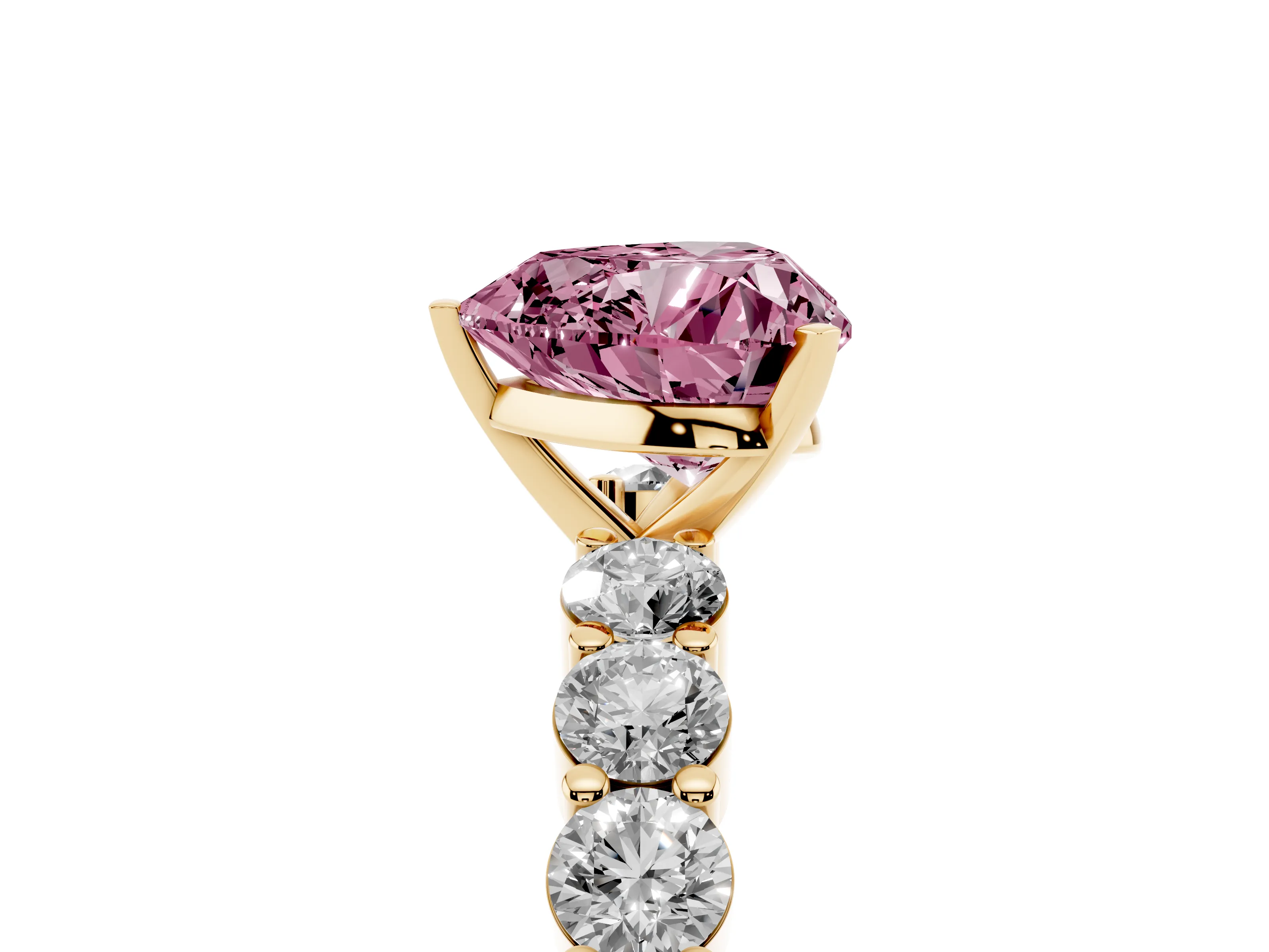 Fancy Pink Heart Cut Diamond Solitaire Ring Set in Yellow gold with Shared Prong Round Side Stones