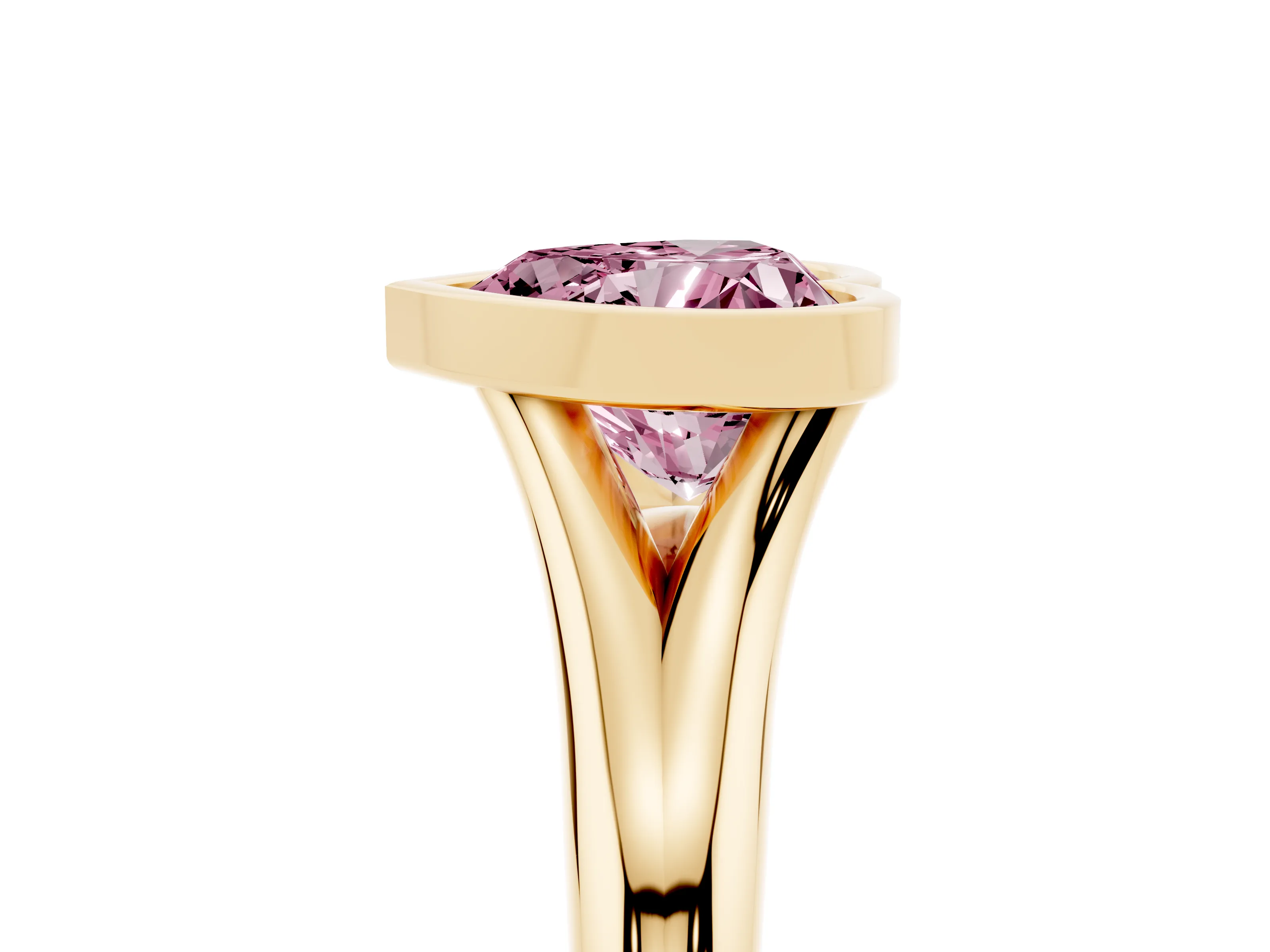 Fancy Pink Bezel Set Heart Cut Diamond Solitaire Ring Set in Yellow gold with Smooth Band