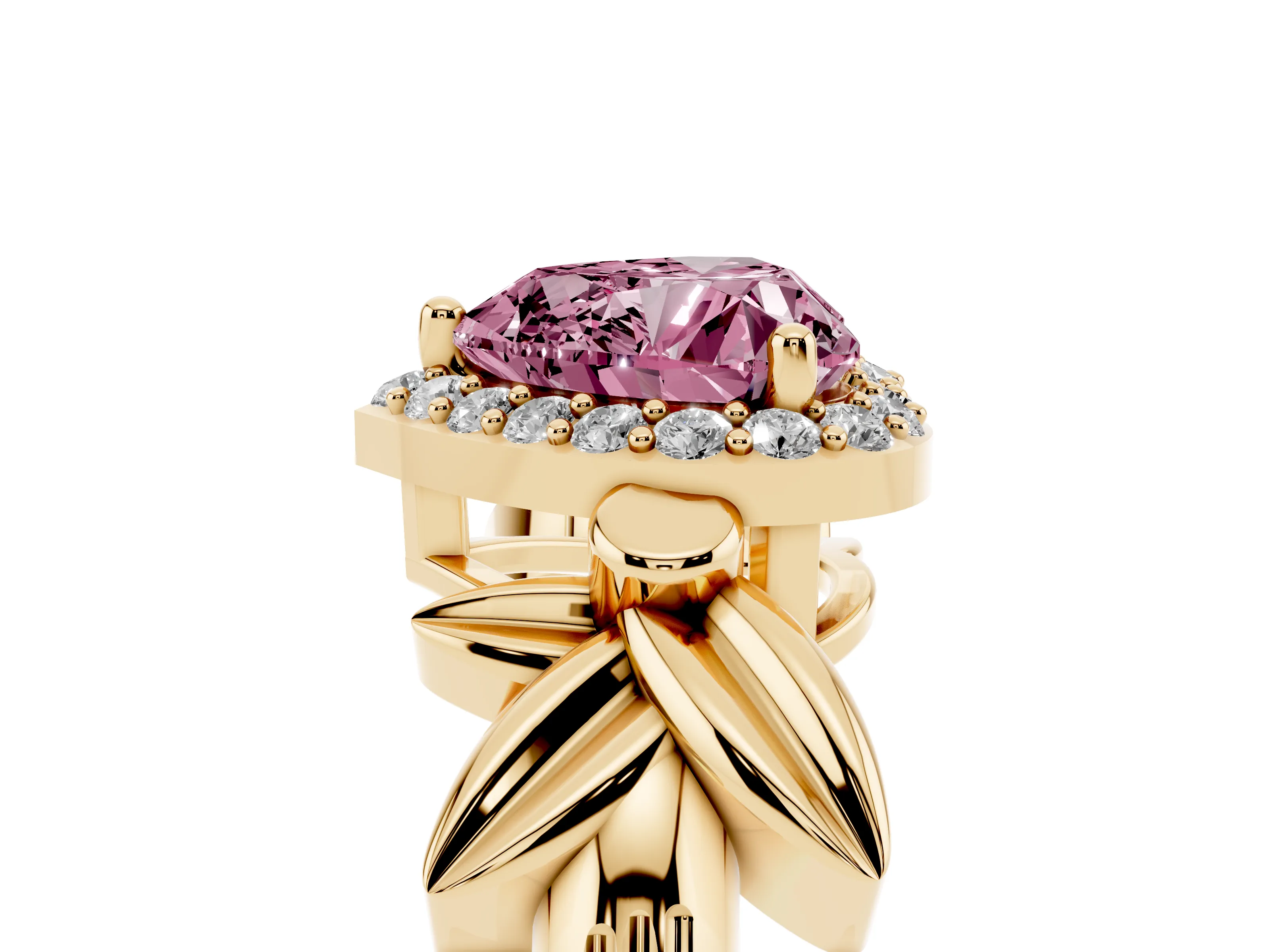 Fancy Pink Heart Cut Diamond Halo Floral Band Ring Set in Yellow gold with Prong Setting