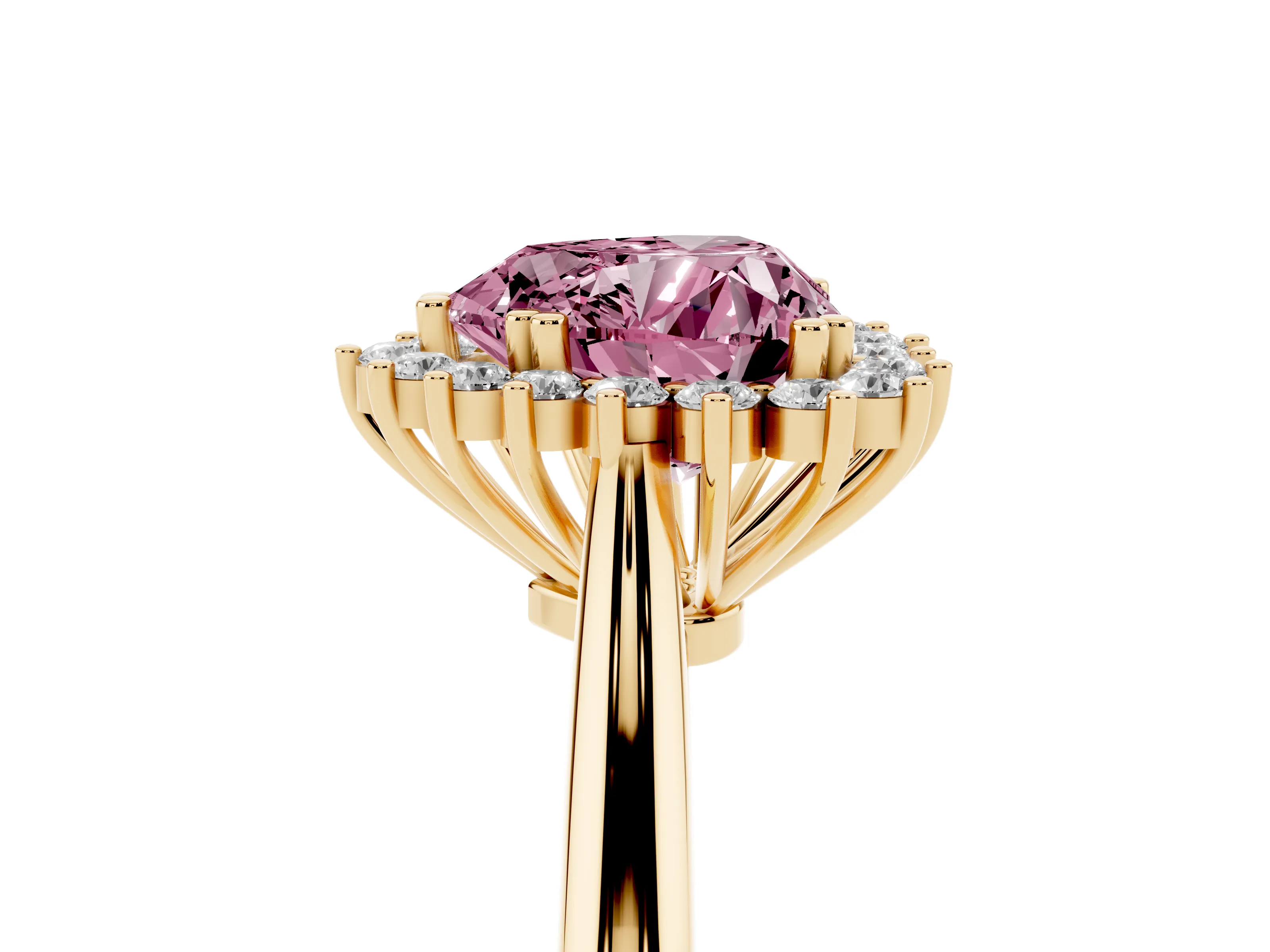 Fancy Pink Heart Cut Diamond Halo Ring Set in Yellow gold with Plain Solitaire Band and Prong Setting