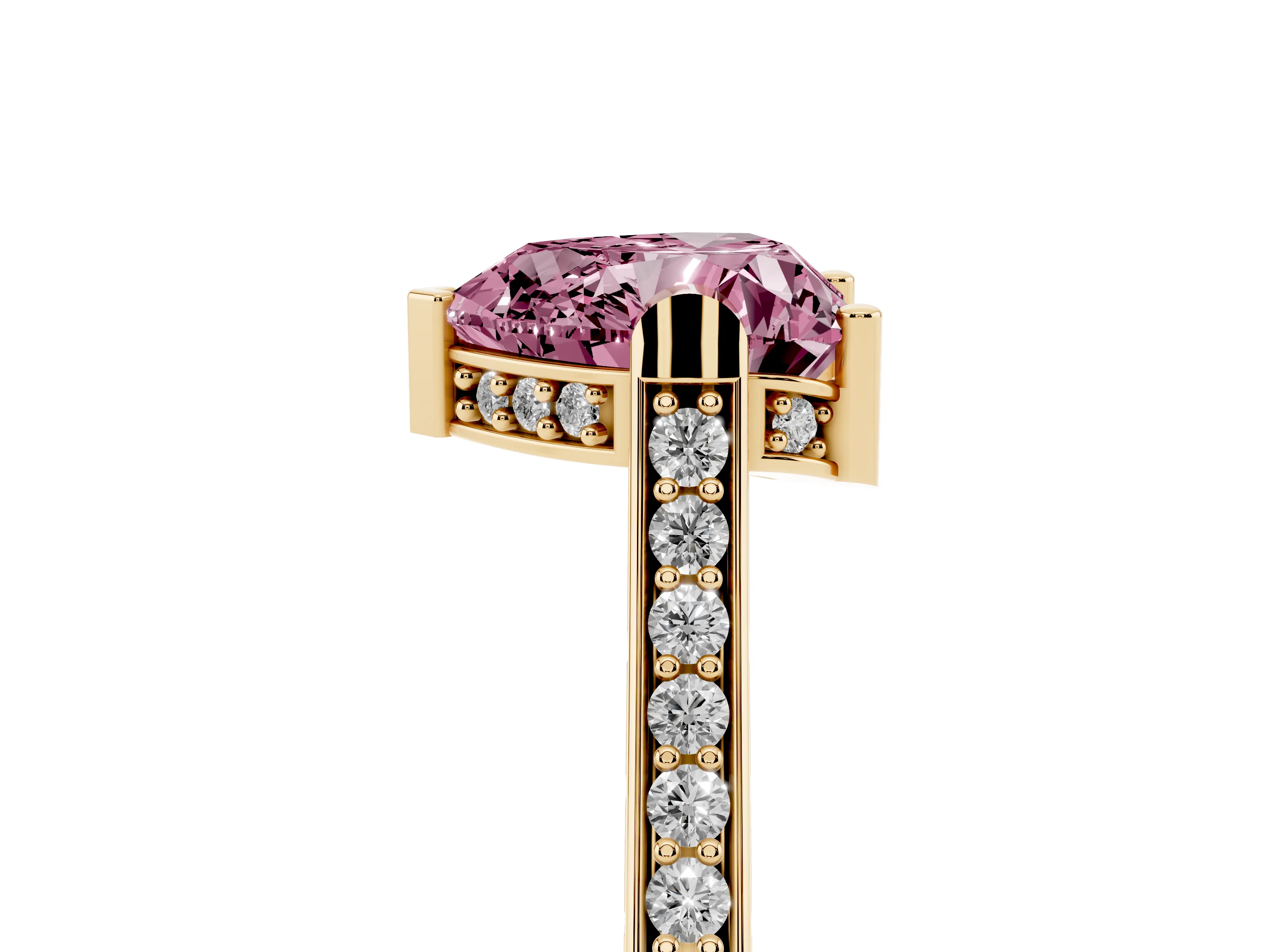 Fancy Pink Heart Cut Diamond Solitaire Ring Set in Yellow gold with Channel Set Band and Bezel Prong Setting