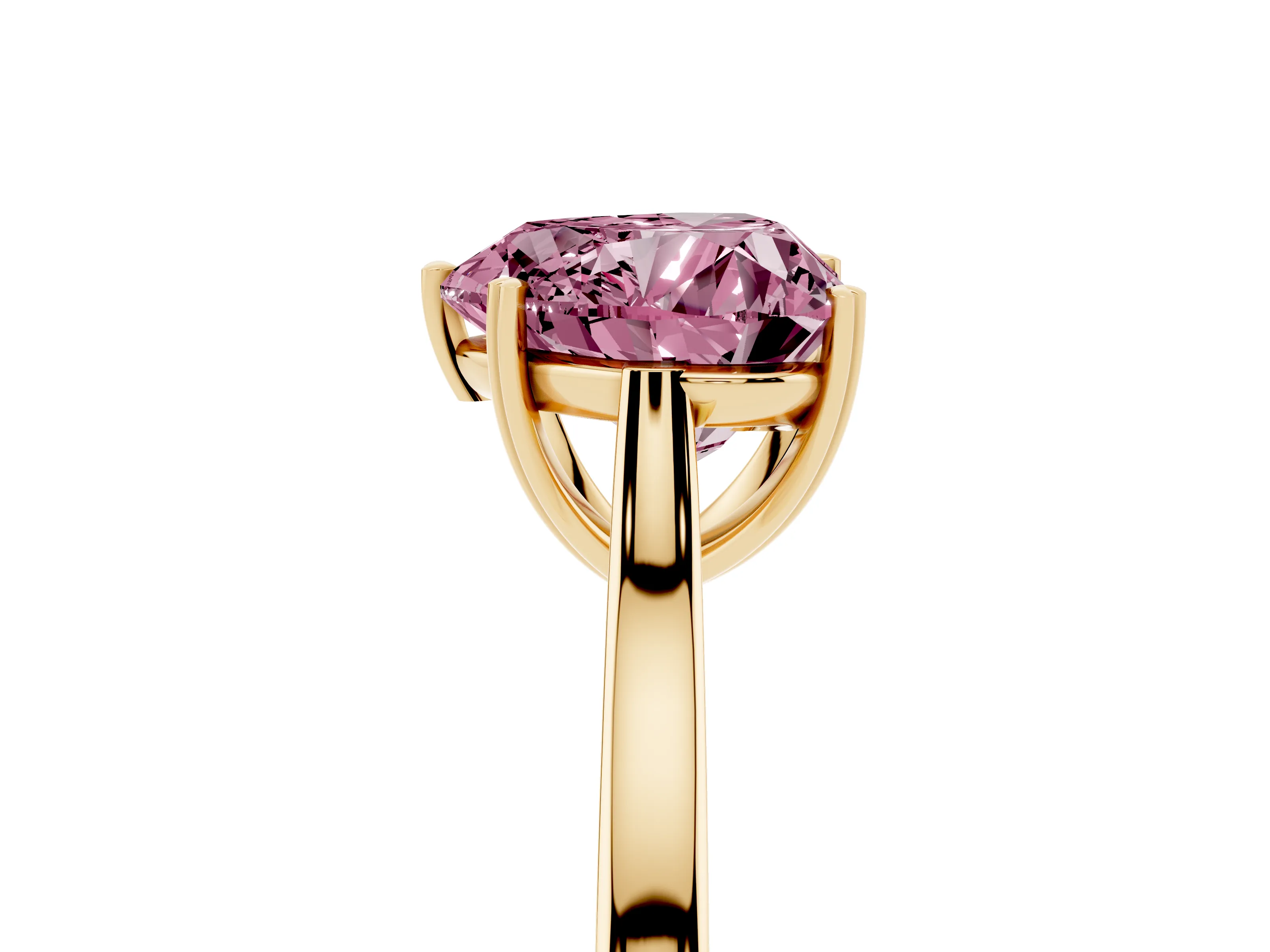 Fancy Pink Heart Cut Diamond Solitaire Heart Prong Engagement Ring Set in Yellow gold with Tapered Band