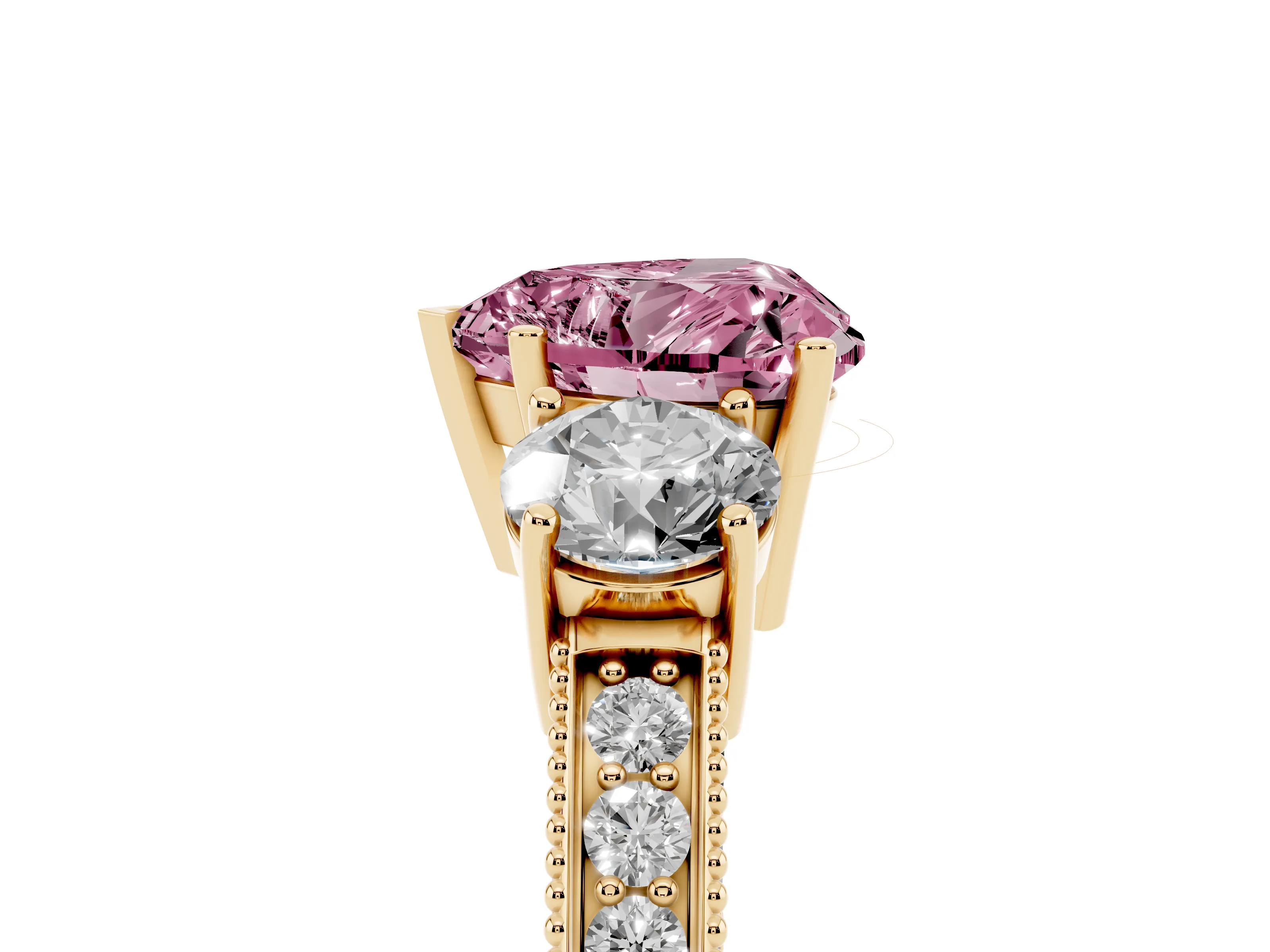 Fancy Pink Heart Cut Diamond Three-Stone Ring Set in Yellow gold with Round Side Stones and Pavé Band