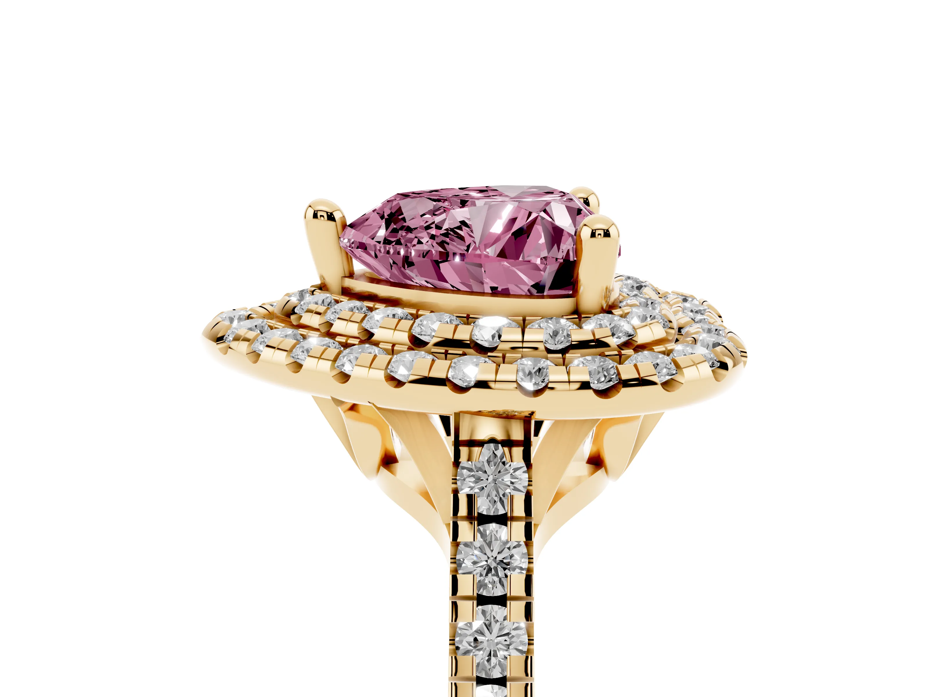 Fancy Pink Heart Cut Diamond Double Halo Statement Ring Set in Yellow gold with Pavé Band