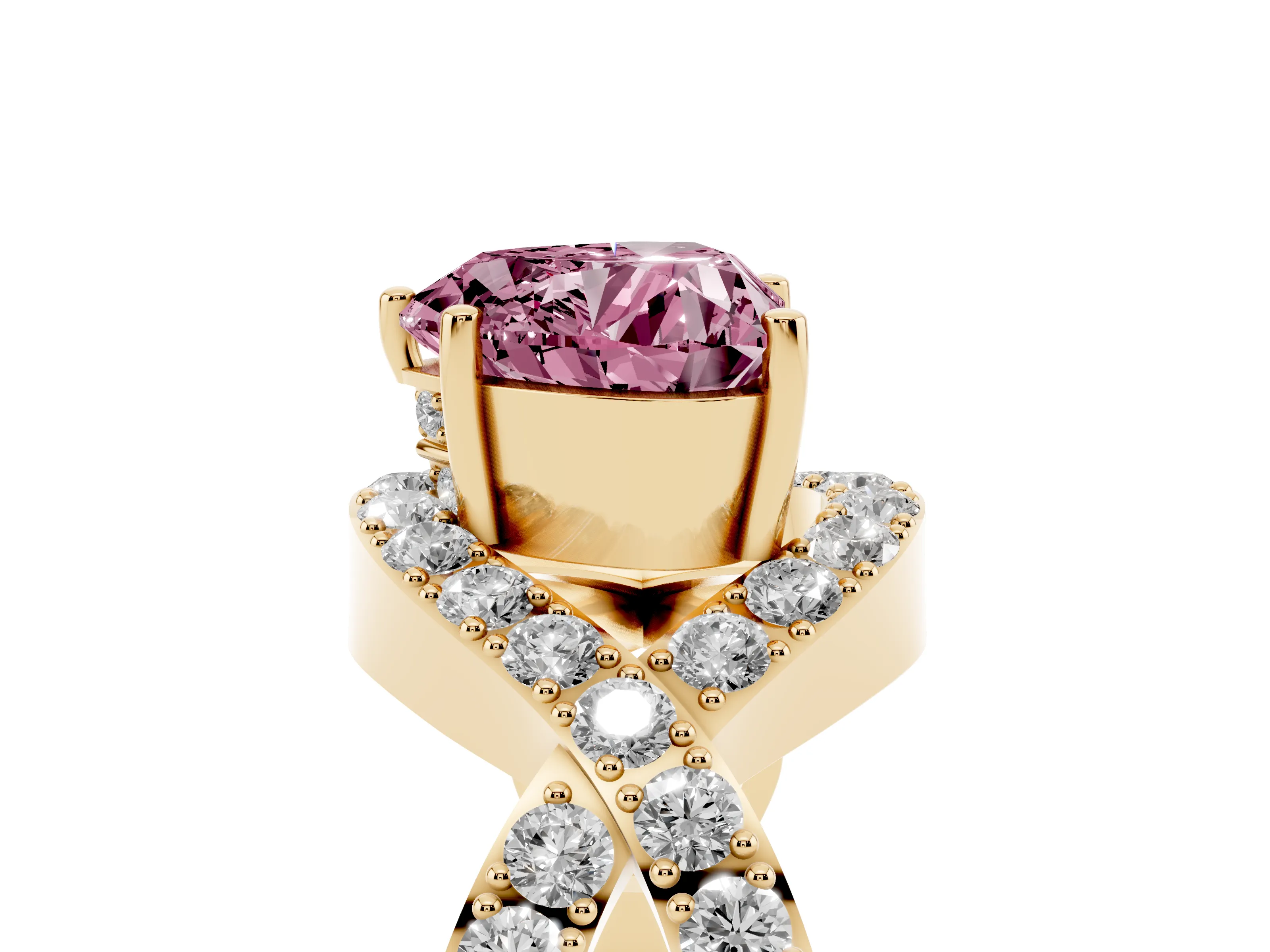 Fancy Pink Heart Cut Diamond Solitaire Twist Band Pavé Engagement Ring Set in Yellow gold