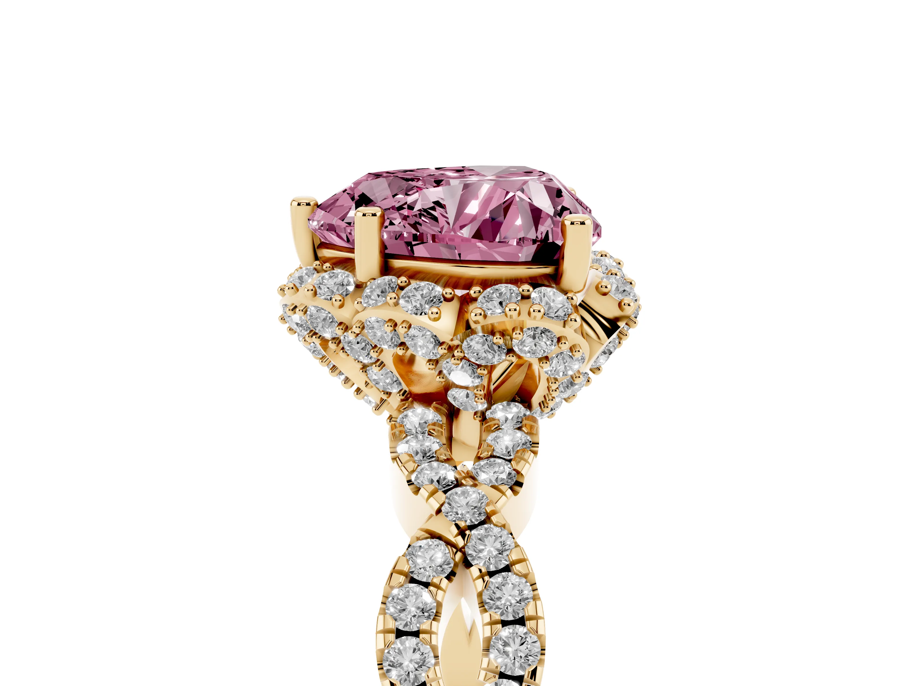 Fancy Pink Heart Cut Diamond Halo Twist Band Solitaire Ring Set in Yellow gold with Prong-Set Center Stone