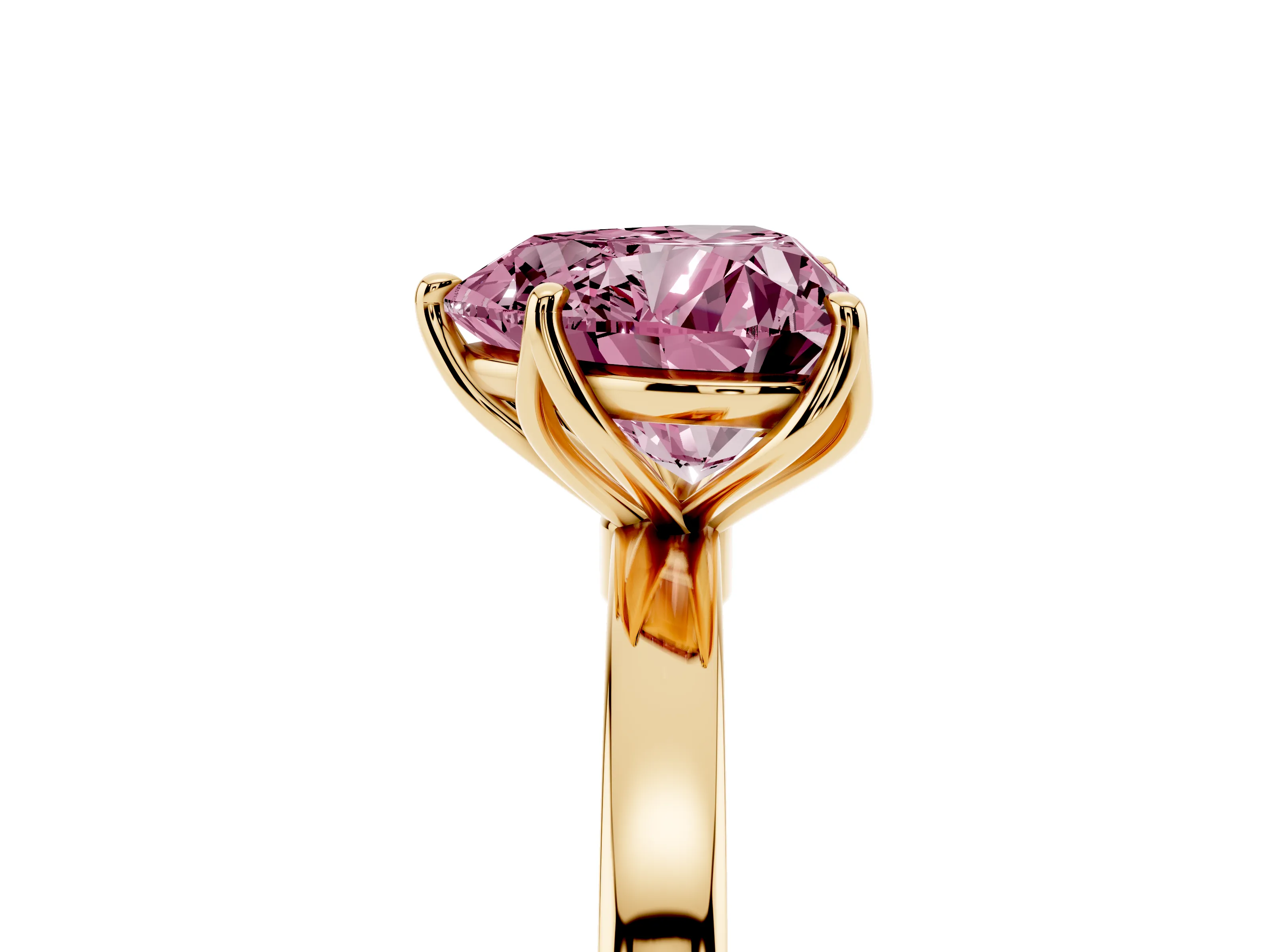 Fancy Pink Heart Cut Diamond Solitaire Ring Set in Yellow gold with Prong Setting and Thin Polished Band