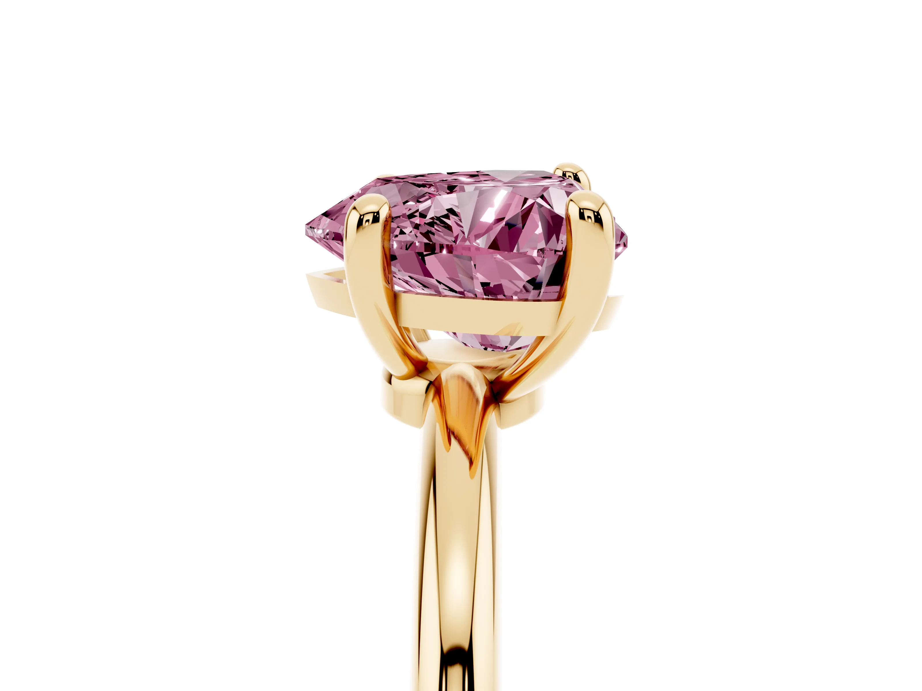 Fancy Pink Heart Cut Diamond Solitaire Ring Set in Yellow gold with Secure Prong Setting on a Classic Band