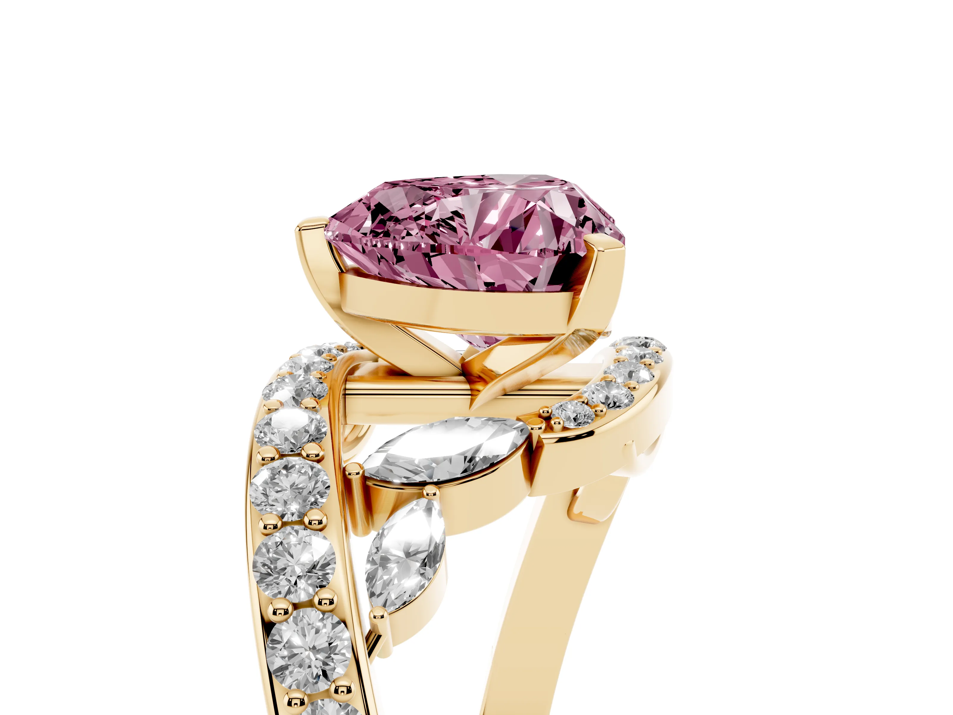 Fancy Pink Heart Cut Diamond Solitaire Ring Set in Yellow gold with Pavé Twist Band and Secure Prong Setting