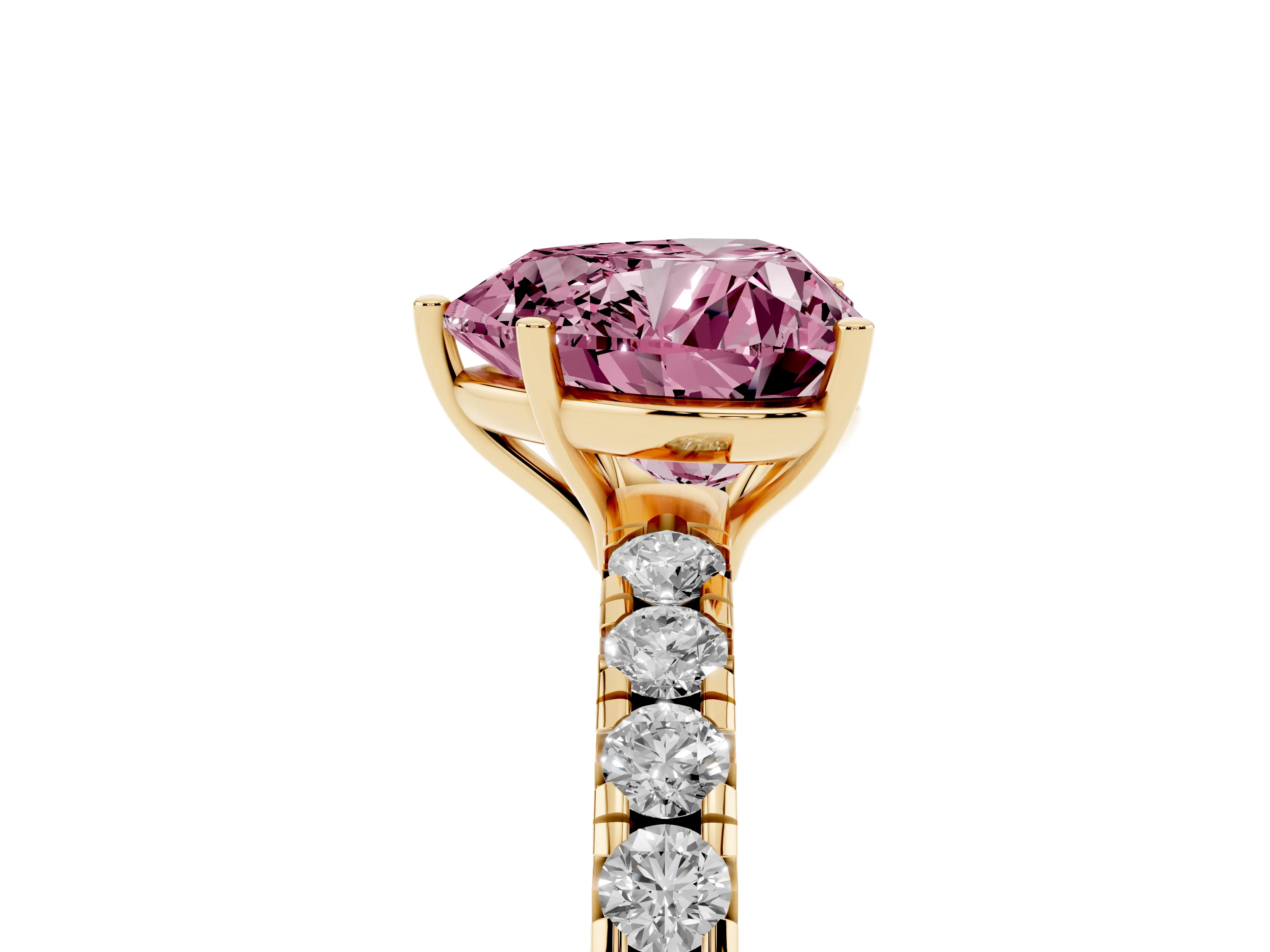 Fancy Pink Heart Cut Diamond Pavé Solitaire Engagement Ring Set in Yellow gold with Prong Setting