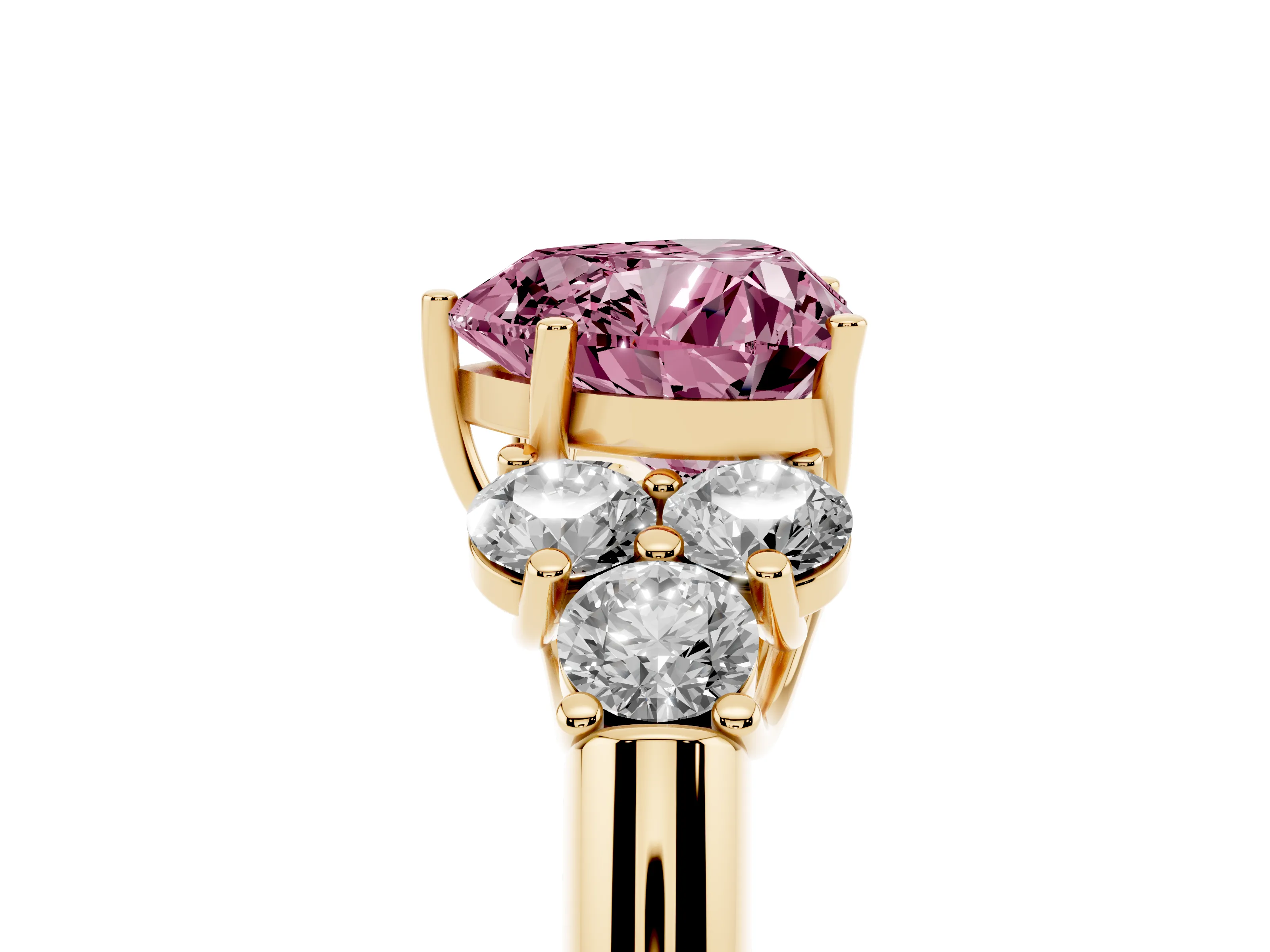 Fancy Pink Heart Cut Diamond Cluster Ring Set in Yellow gold with Round Accent Stones and Prong Setting on a Plain Band