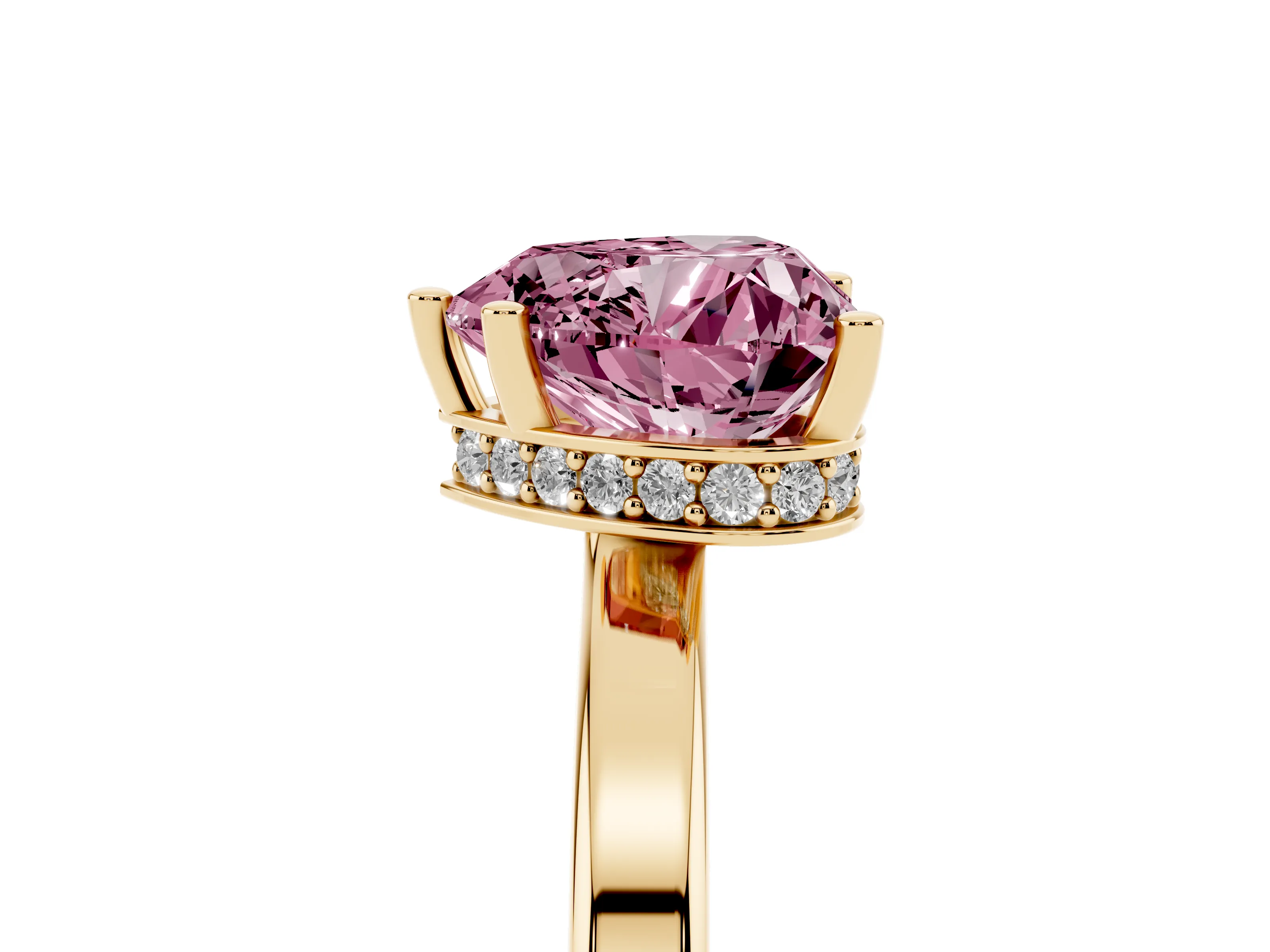 Fancy Pink Heart Cut Diamond Solitaire Engagement Ring Set in Yellow gold with Prong Setting on a Plain Band