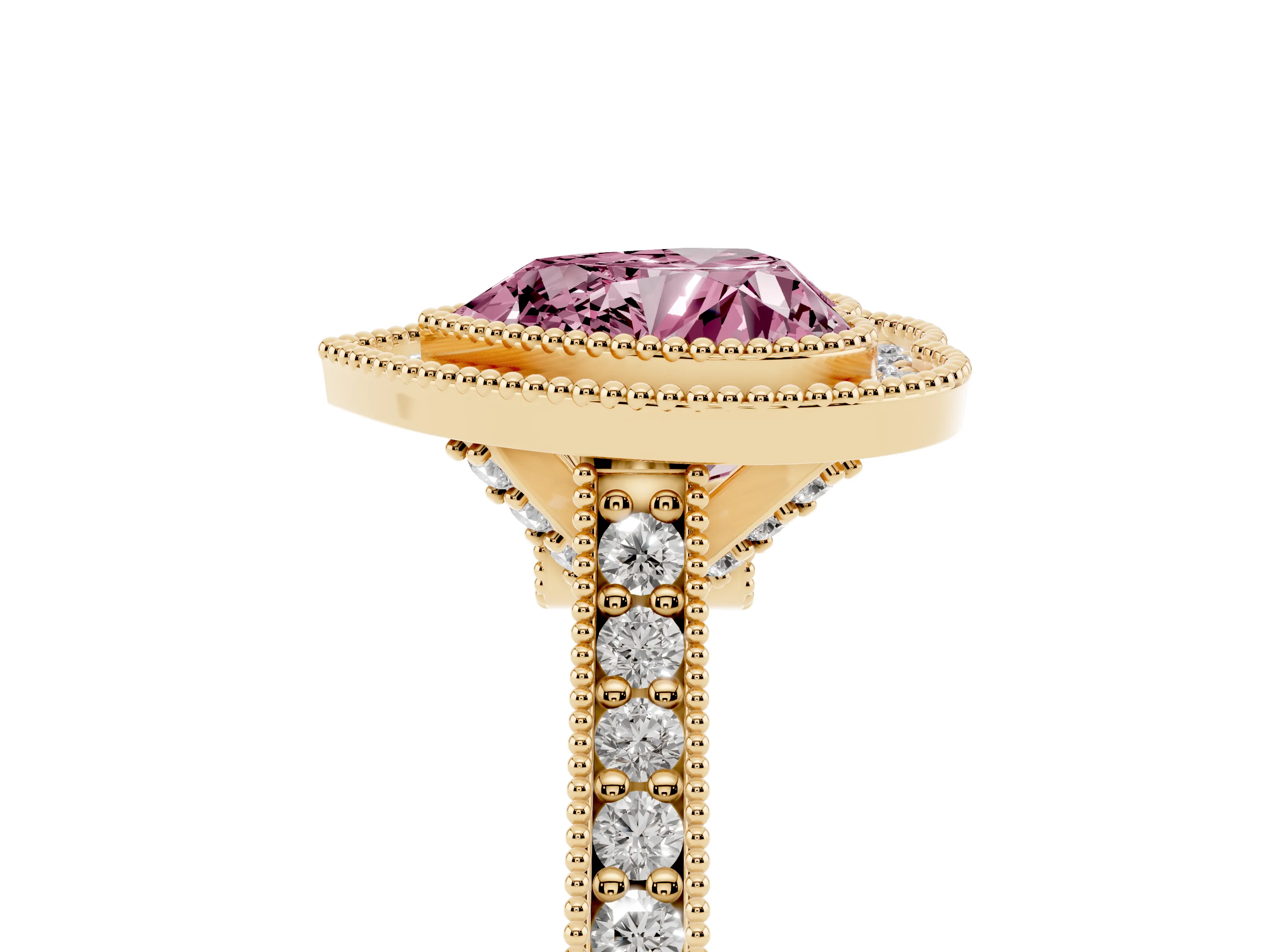 Fancy Pink Heart Cut Diamond Halo Milgrain Pavé Band Ring Set in Yellow gold with Prong Setting