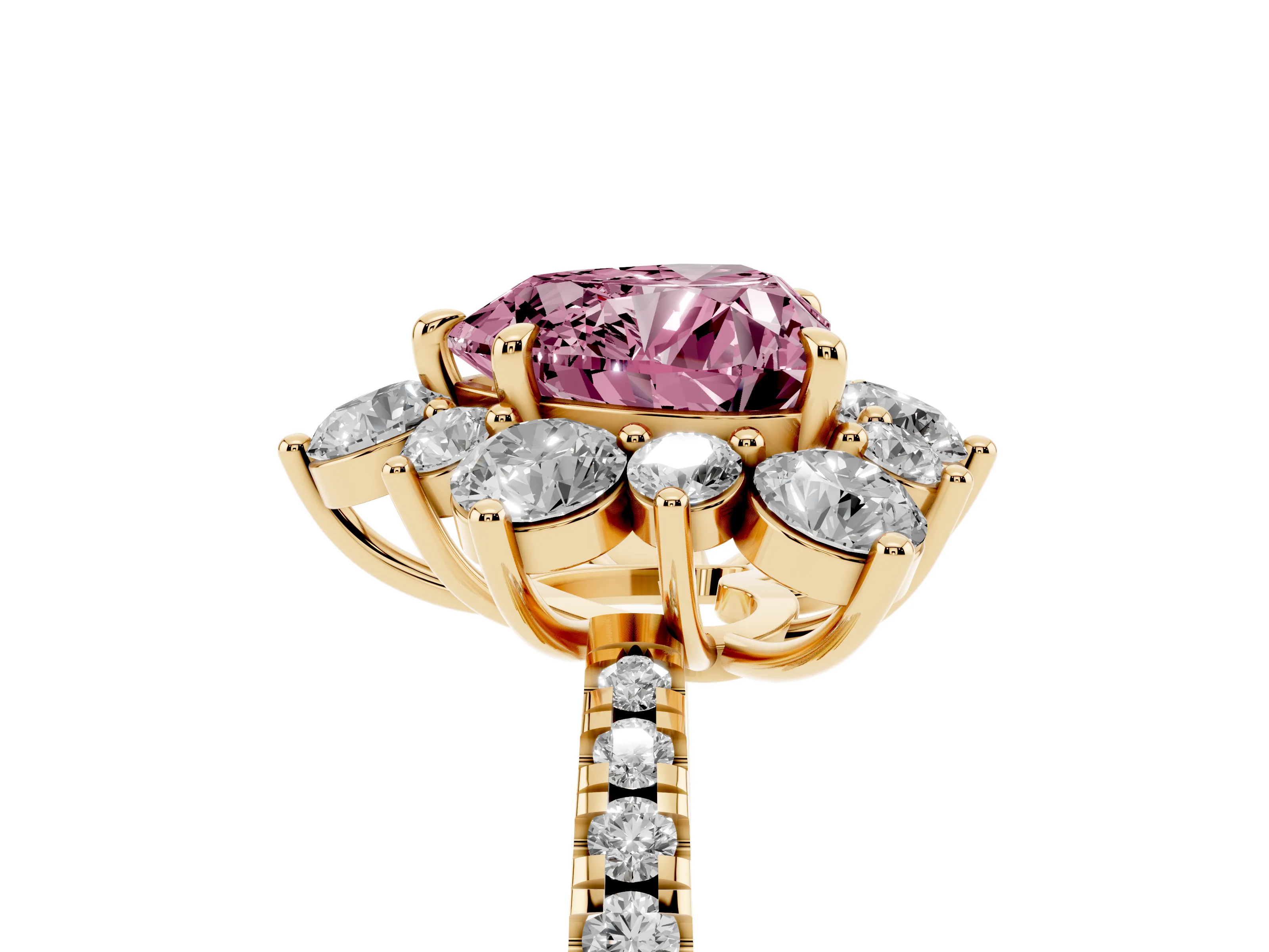 Fancy Pink Heart Cut Diamond Floral Halo Ring Set in Yellow gold with Round Pavé Band and Prong Setting
