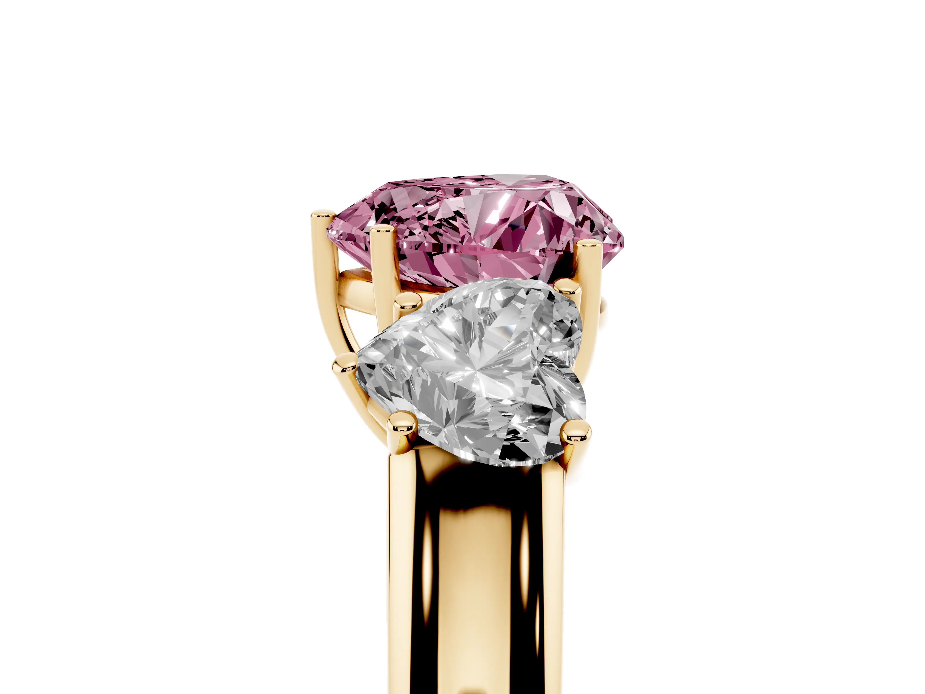 Fancy Pink Three-Stone Heart Cut Diamond Ring Set in Yellow gold with Matching Prong Settings and Plain Band