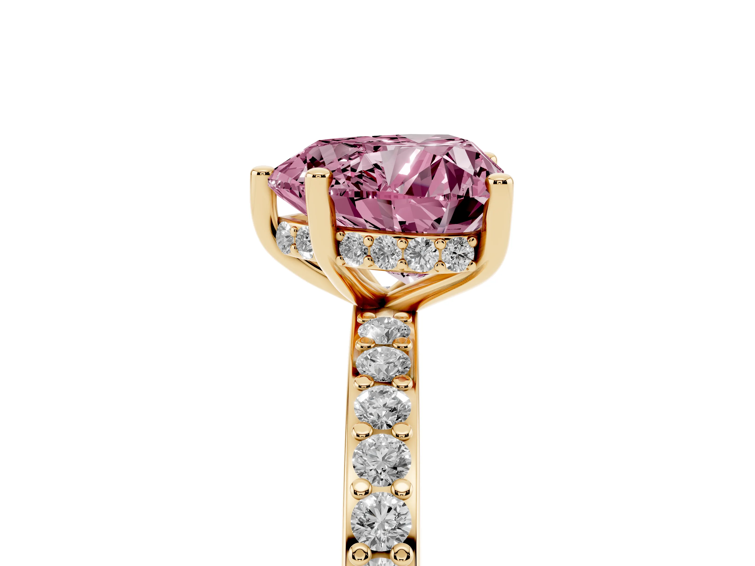 Fancy Pink Heart Cut Diamond Pavé Band Ring Set in Yellow gold with Prong-Set Center Stone