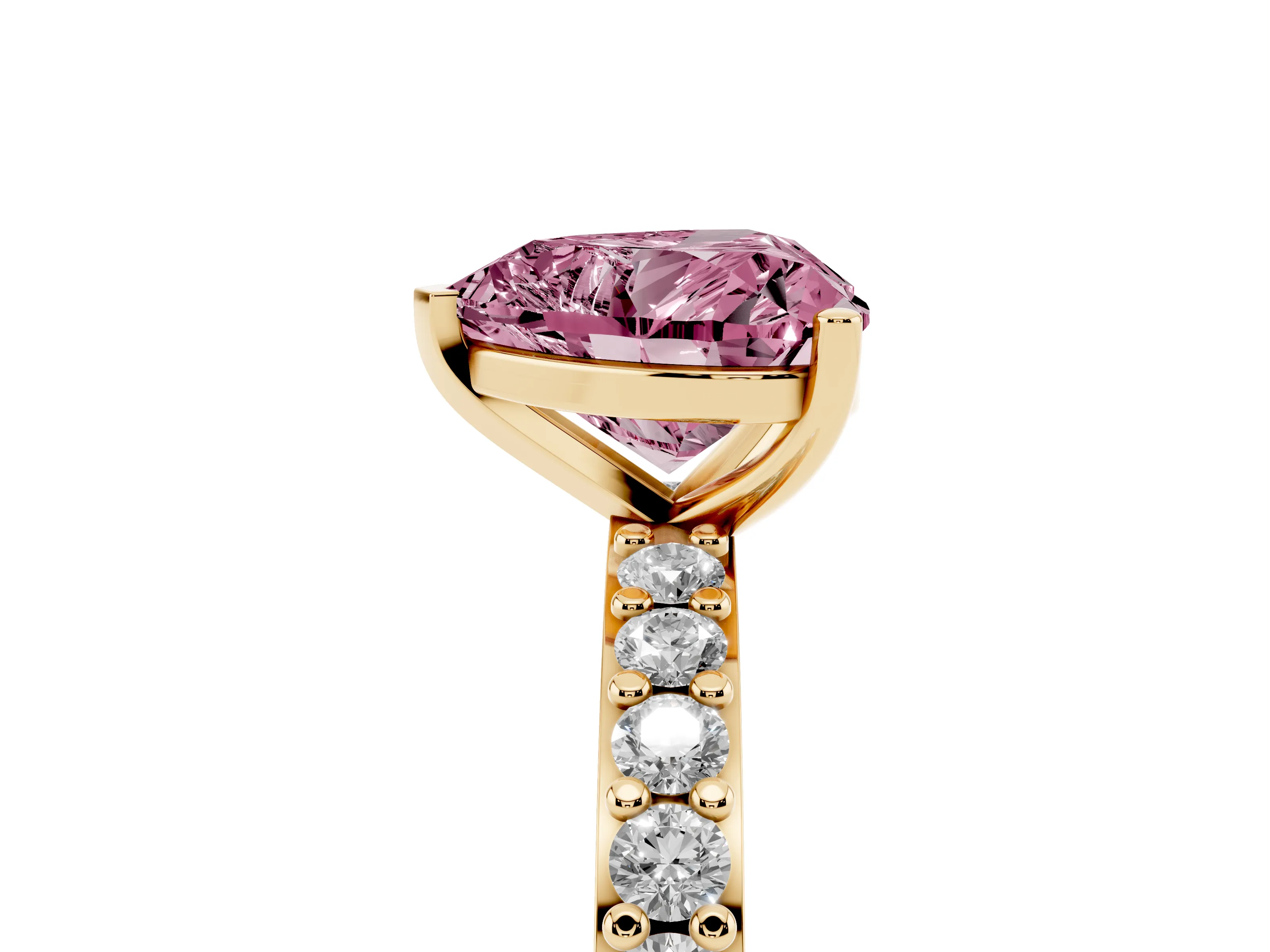 Fancy Pink Heart Cut Diamond Solitaire Set in Yellow gold with Round Pavé Band and Prong Setting