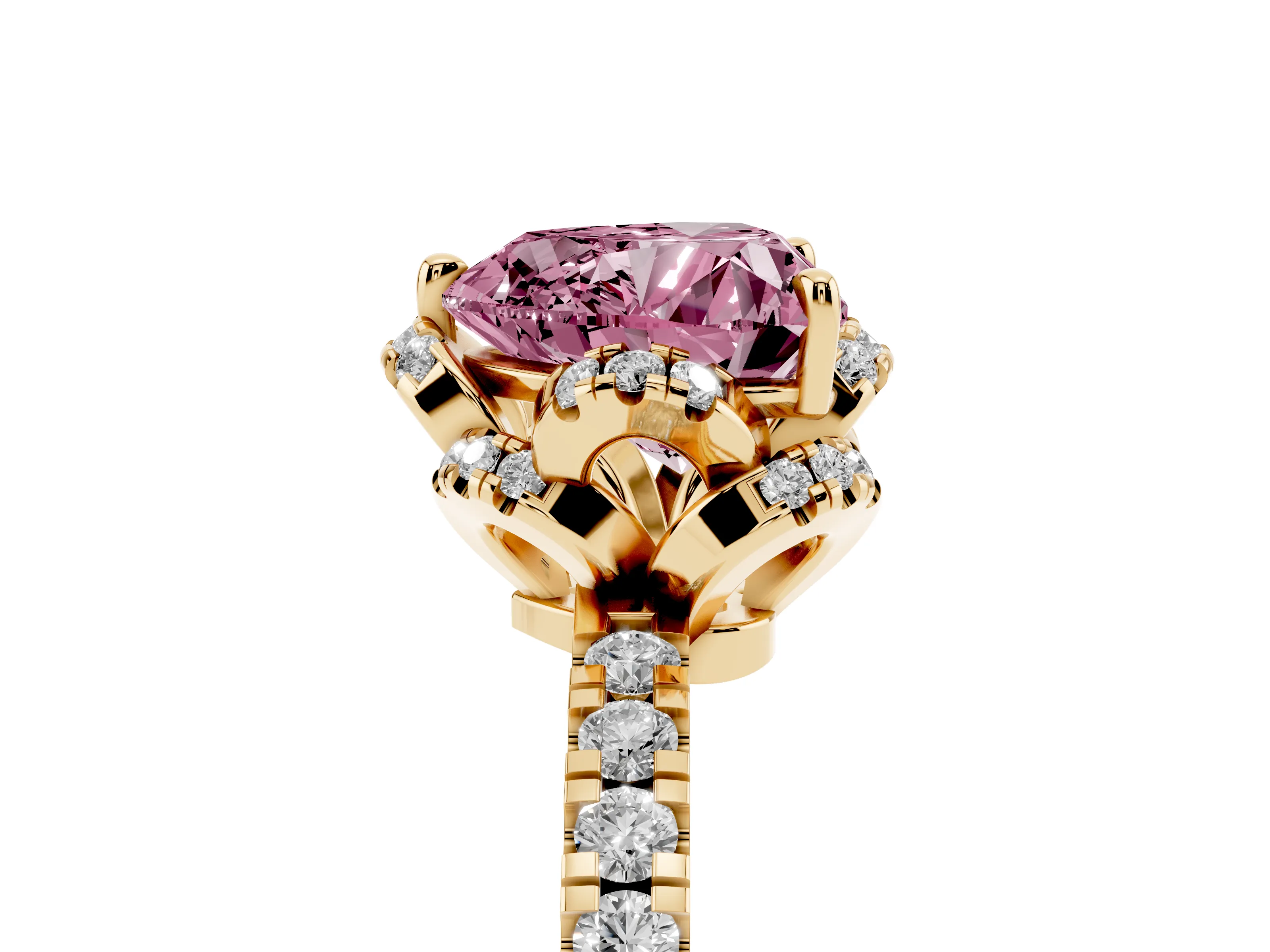 Fancy Pink Heart Cut Diamond Halo Pavé Band Ring Set in Yellow gold with Prong-Held Center